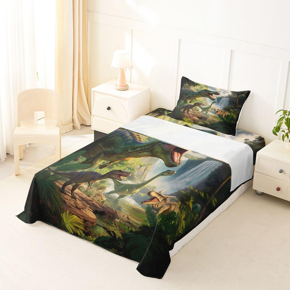 Feelyou Dinosaur Bed Sheets Set Twin Size 3D Digital Print Bed Set Jungle Dino Deep Pocket Fitted Sheet Wild Animal Breathable Soft Lightweight Microfiber Green White Brown