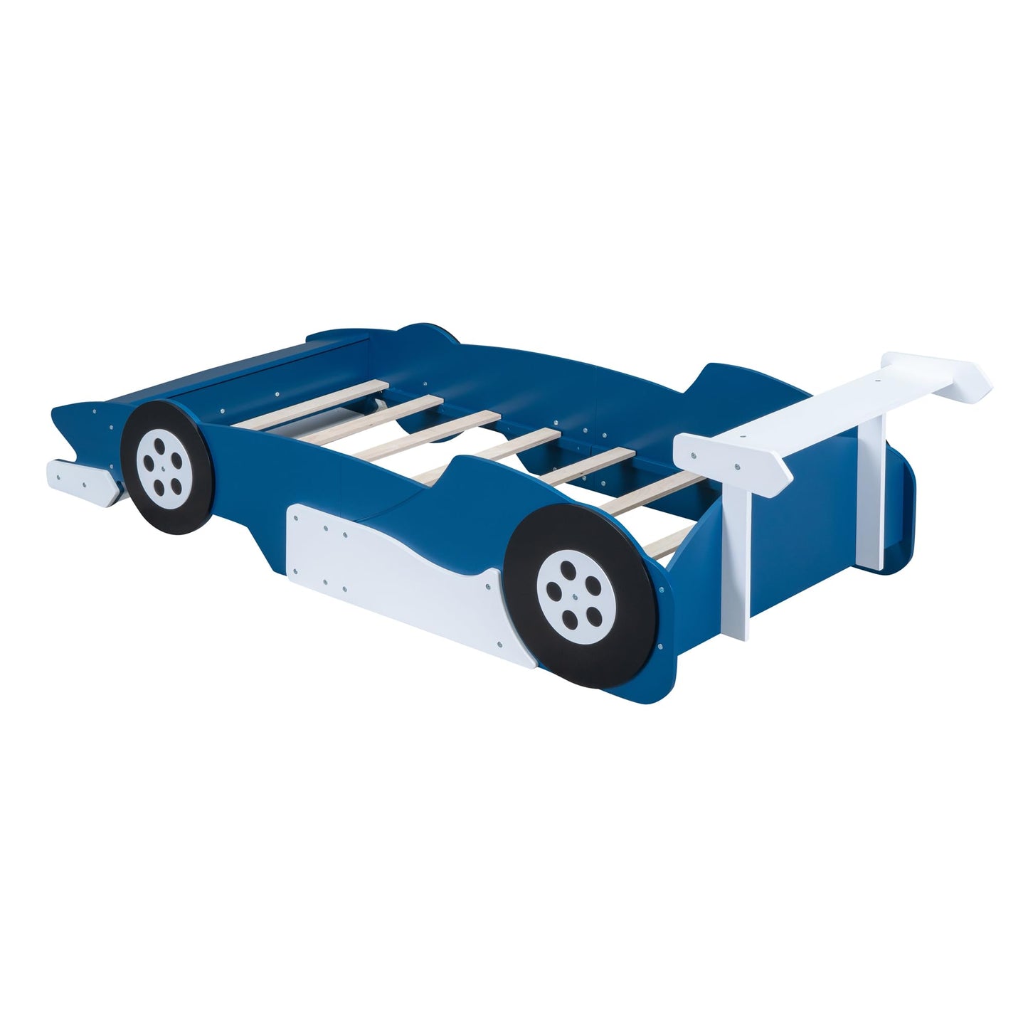 Merax Race Car Bed Frame Twin Size for Boys, Wood Car-Shaped Platform Bed with Wheels, Blue