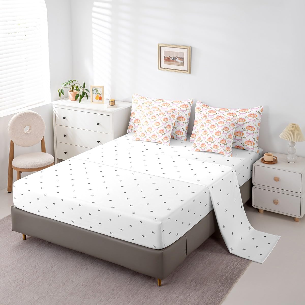 Castle Fairy 7 Pieces Fall Pumpkin Comforter Set Full Size,Pink Bow Grid Bedding Sets Kids Girls Boys Women Palm Leaves Nature Botanical Quilt + Fitted & Flat Sheets + 2 Cushion Cover + 2 Pillowcases