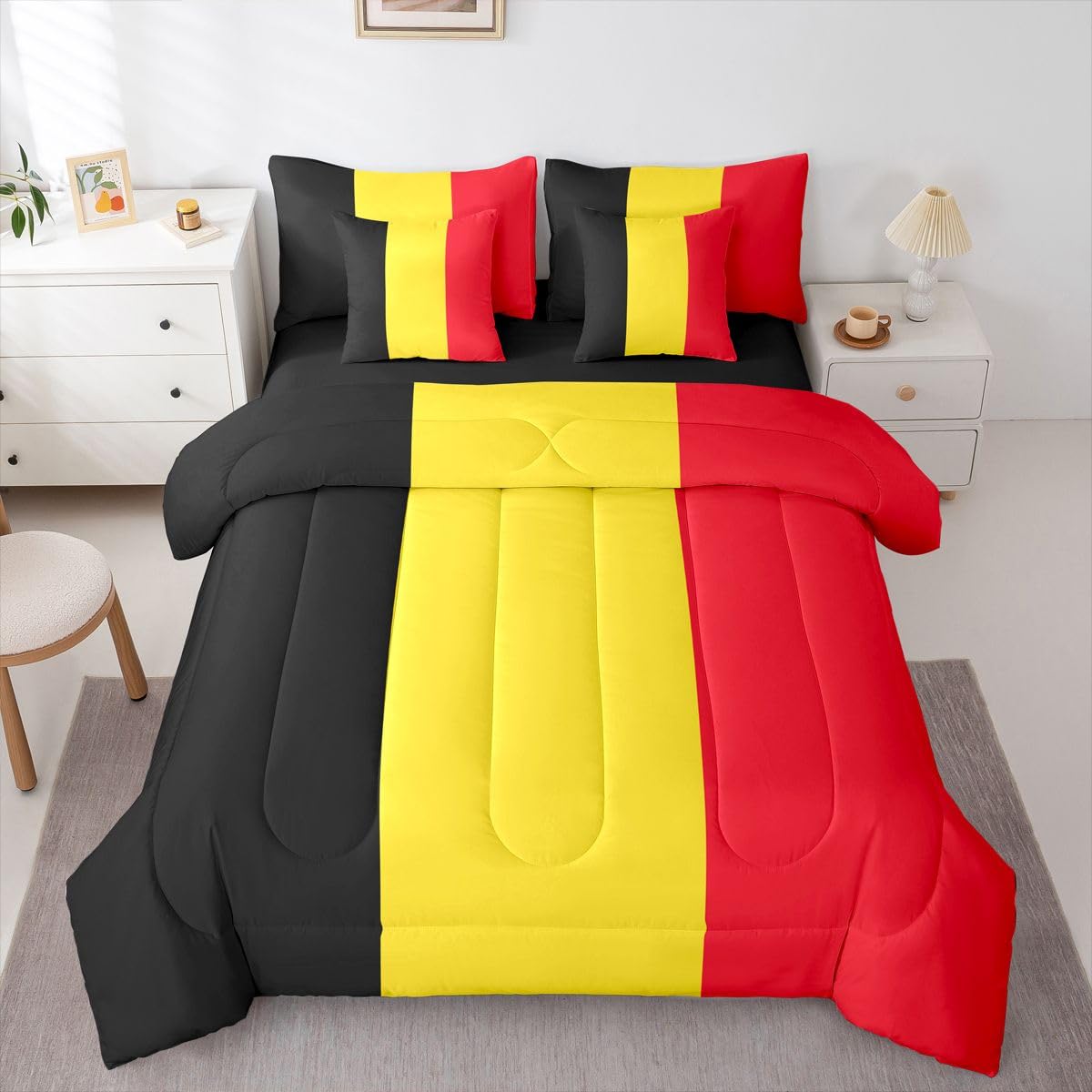 Feelyou Belgian Flag Comforter Set with Sheets 7 Piece King Size Belgium Bedding Set for Kids Boys Girls World Countries Bed in a Bag International Flag Room Decor Soft Lightweight Microfiber