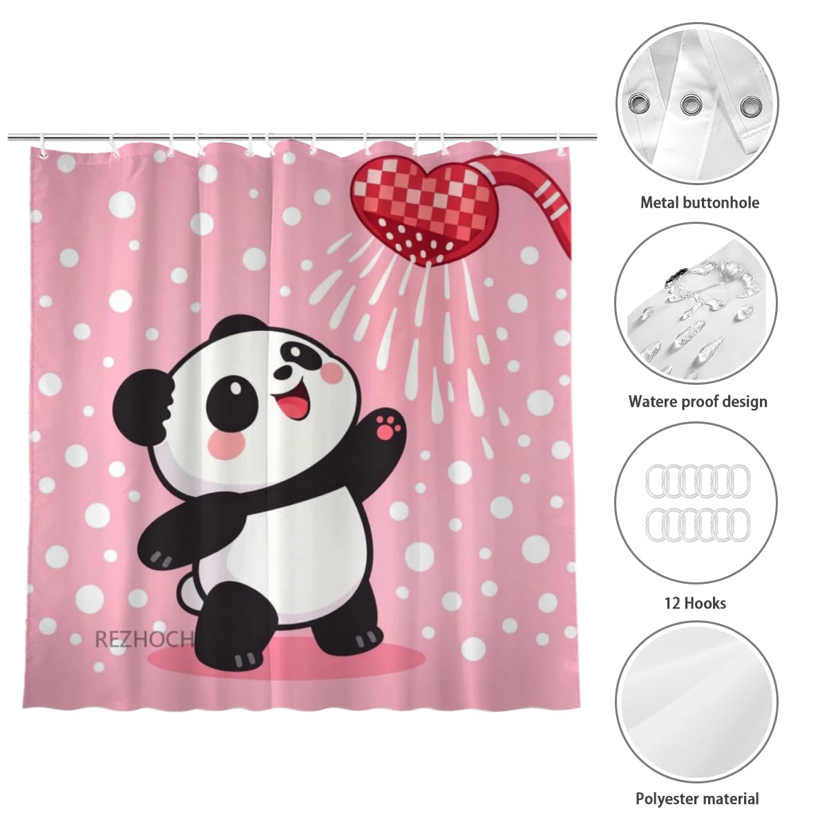 REZHOCH Cute Panda Shower Curtain 72x72Inch,Funny Cartoon Animal Pink Modern Home Bathroom Decor,Heart Showerhead Waterproof Fabric Kids Girls Farmhouse Bath Set with Hooks