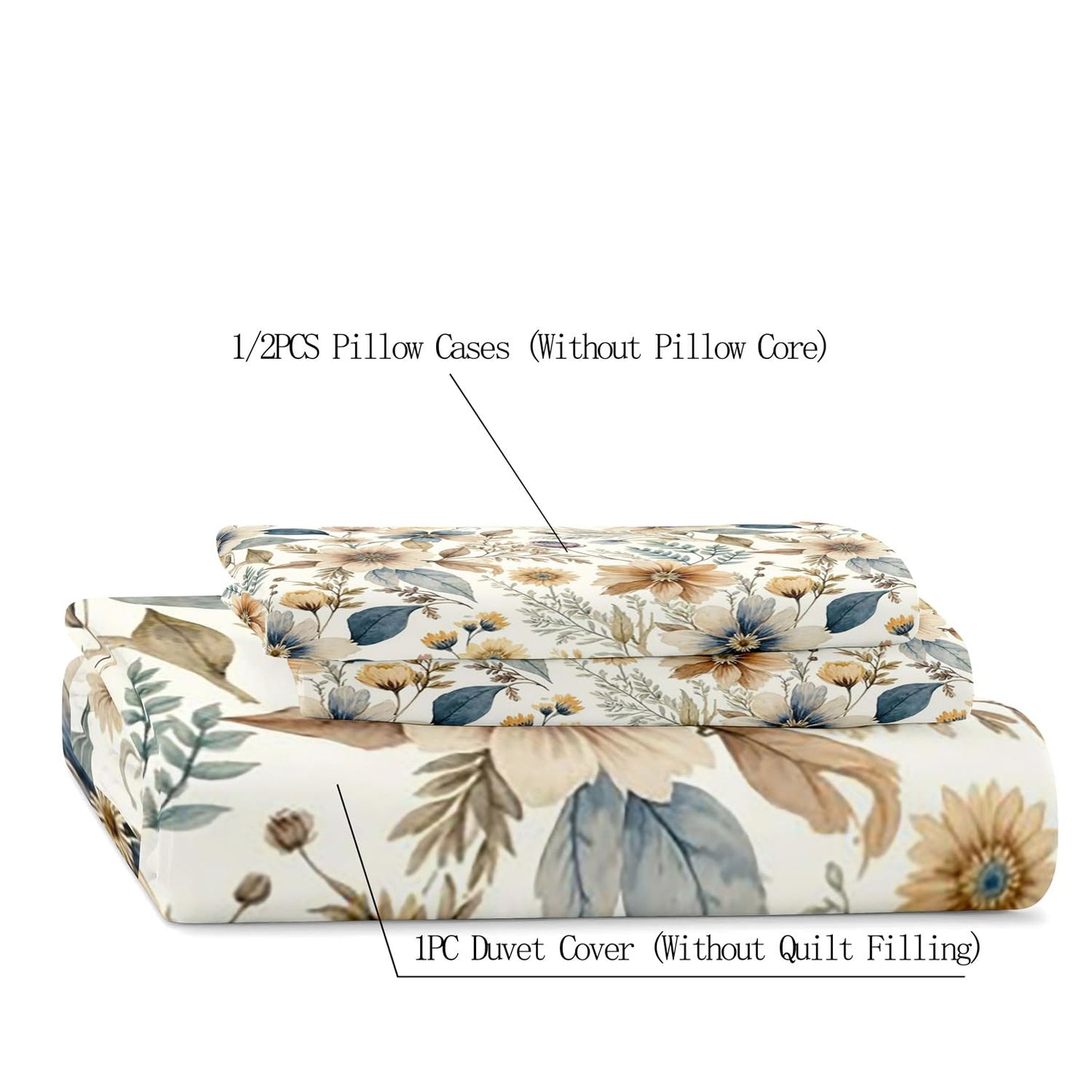LUVIVIHOME 3PCS Boho Floral Duvet Cover King Bedding Set, Country Rustic Farmhouse Beige Bedding, Vintage Blue Indigo Leaves Plant Botanical Wildflower Champagne Flower Comforter Cover, 2 Pillow Cases