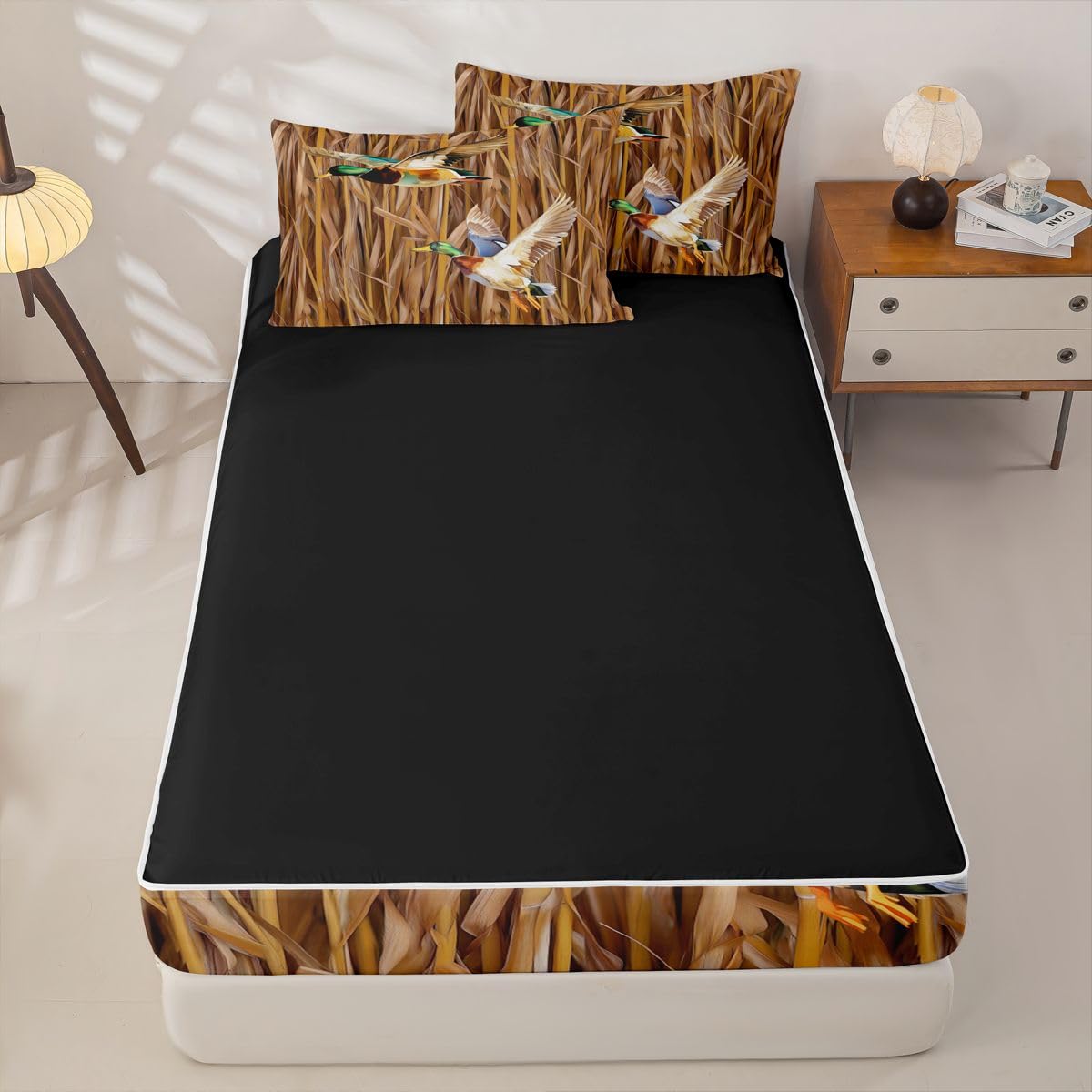 Feelyou Camo Mallard Duck Comforter Set Queen Size Zipper Bedding Set for Girls Boys Hunting Theme Comforter with Fitted Sheet, Pillowcases Wild Animal Duck Zipper Bedding Soft Breathable Bed in a Bag