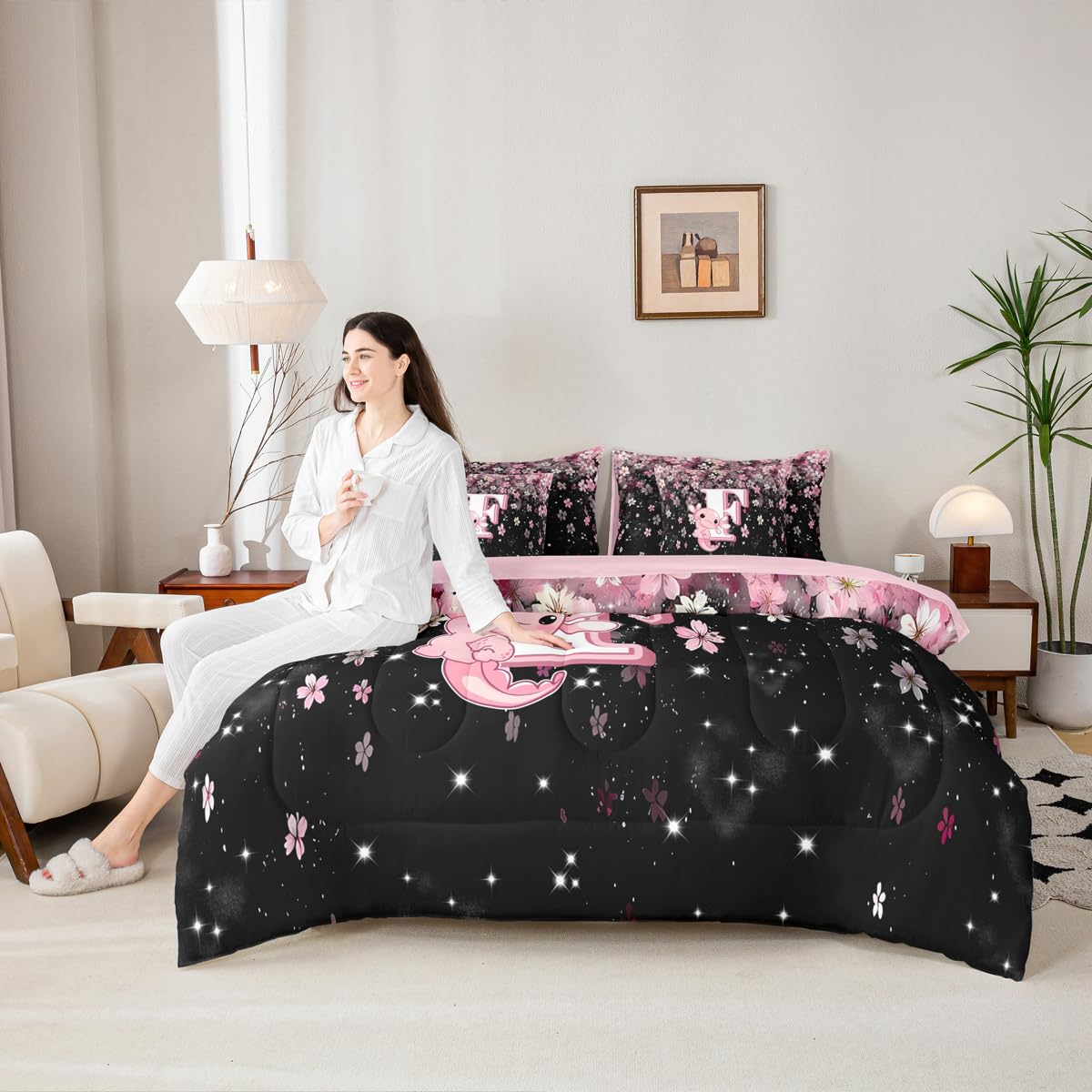 Erosebridal Pink Axolotl Bedding Set for Teen Girl (Pink Black,7Pcs,Twin Size) - Cute Initial Letter F Bed in A Bag Cherry Blossom Comforter Set Girly Preppy Cute Axolotl Quilt with Initial Design