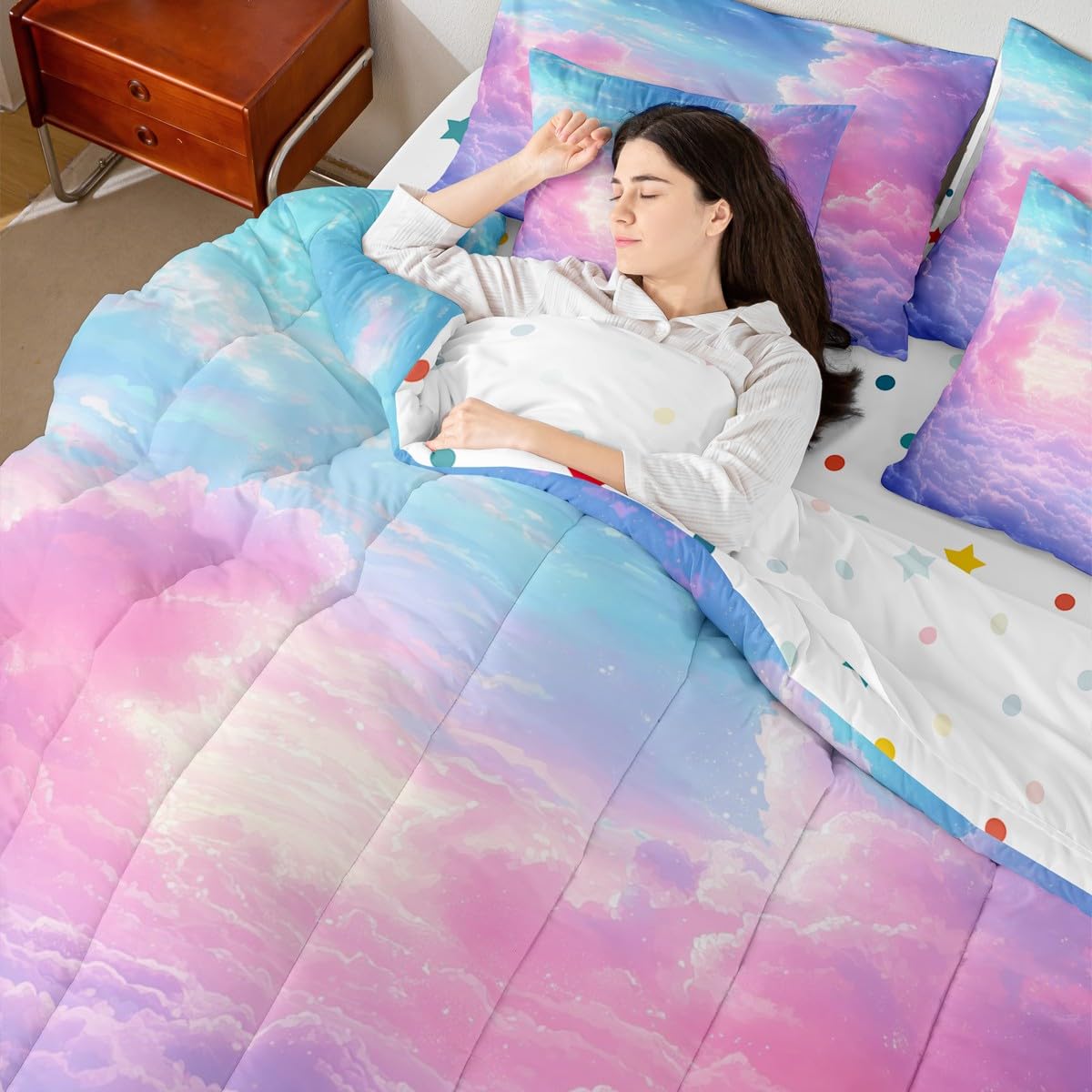 Cloud Sky 7 Pieces Bedding Set Twin Size Kids Girls Rainbow Bed in a Bag with Comforter, Sheets, Pillowcases Cute Lightweight Bed Set Breathable Ombre Starry Sky Room Decor Comforter Set with Sheets