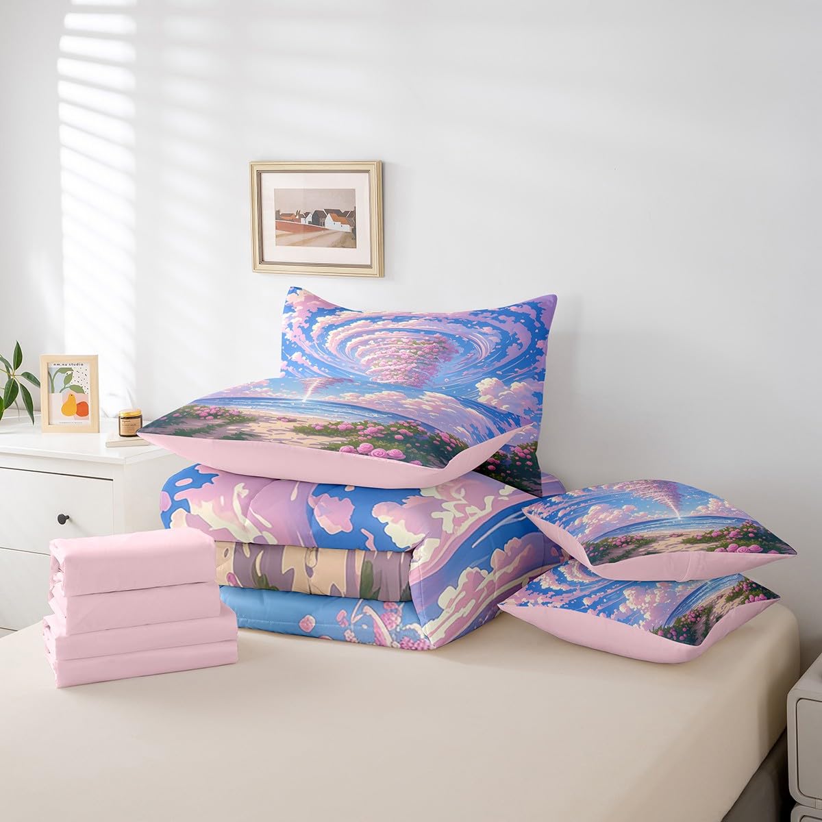 Erosebridal Sea of Floral Comforter Set Queen,Romantic Storm Tornado Bedding Set 7Pcs for Kids Girls Women,Summer Pink Cloud Quilt,Geometric Hurricane Tornadoes Bed in a Bag
