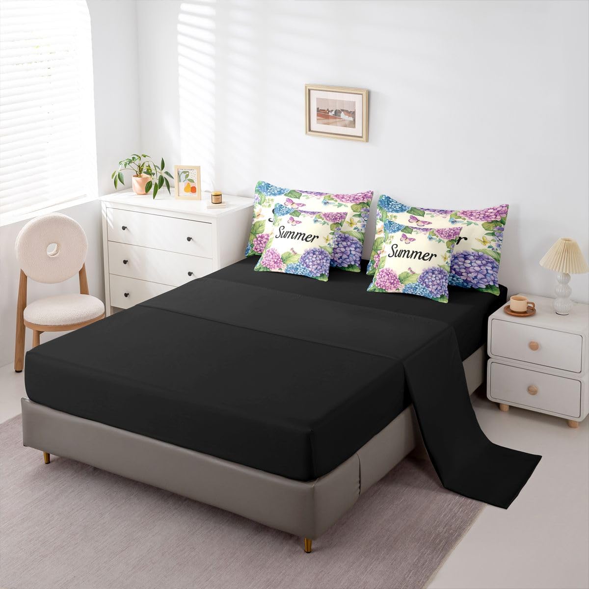 Erosebridal Watercolor Hydrange Queen Bedding Set Summer Purple Blue Floral Comforter Set Kids Girls Women Cute Butterfly 7-Piece Bed in a Bag Soft Pastel Botanical Art Quilt Sets
