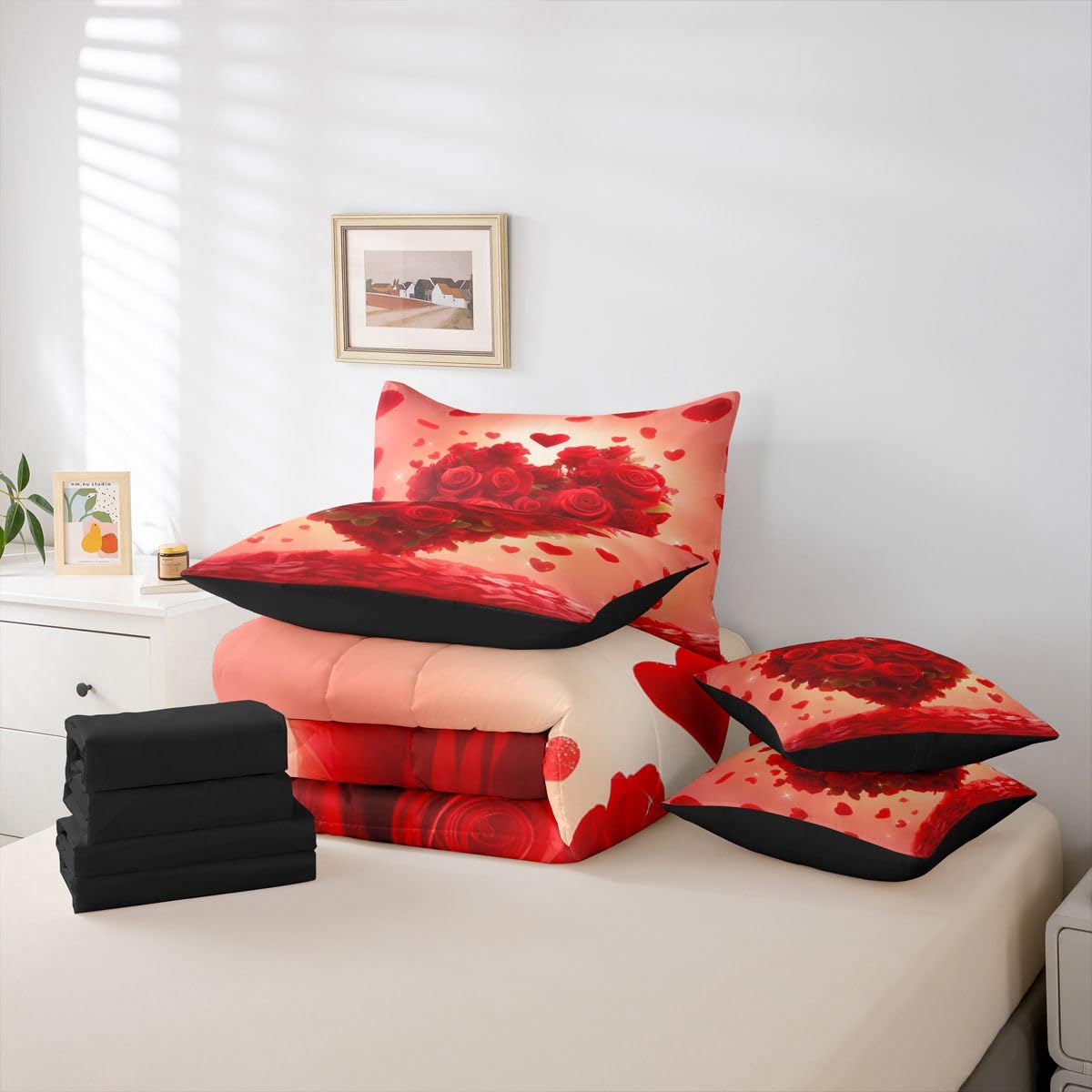 Erosebridal Romantic Red Roses Queen Bed in A Bag 7 Piece Valentine Day Comforter Set with Sheets Love Heart Pattern Rose Bedding Sets for Women Men Adults,Cute Love Heart Florals Bed Set