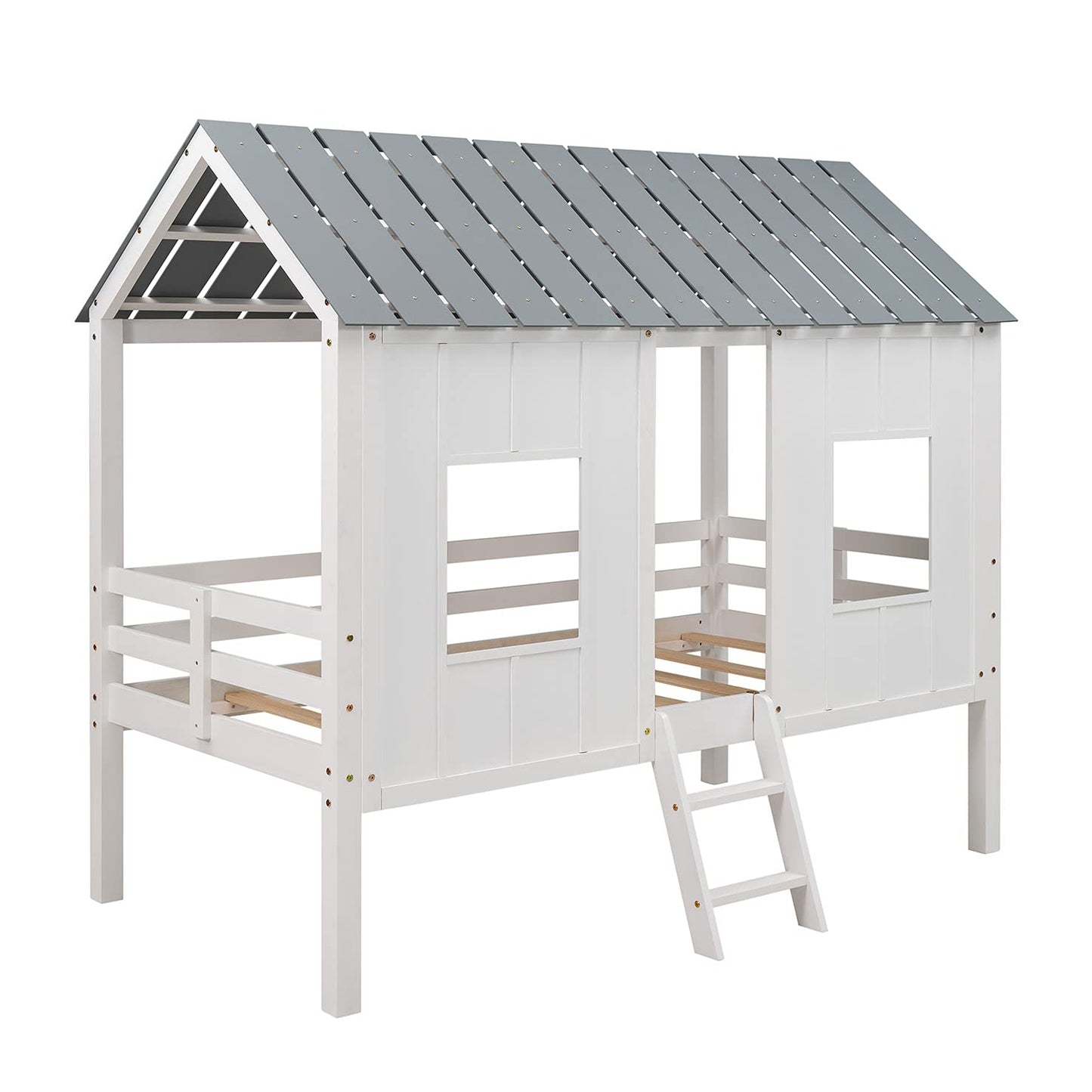 Twin Size Wooden House Bed with Ladder, Kids Low Loft Bed with Two Front Windows, White
