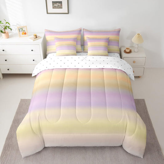 Gradient Color 7 Pieces Bedding Set Twin Size Kids Lavender Purple Bed in a Bag with Comforter, Sheets, Pillowcases Teens Warm Yellow Bed Set Breathable Strips Room Decor Comforter Set with Sheets