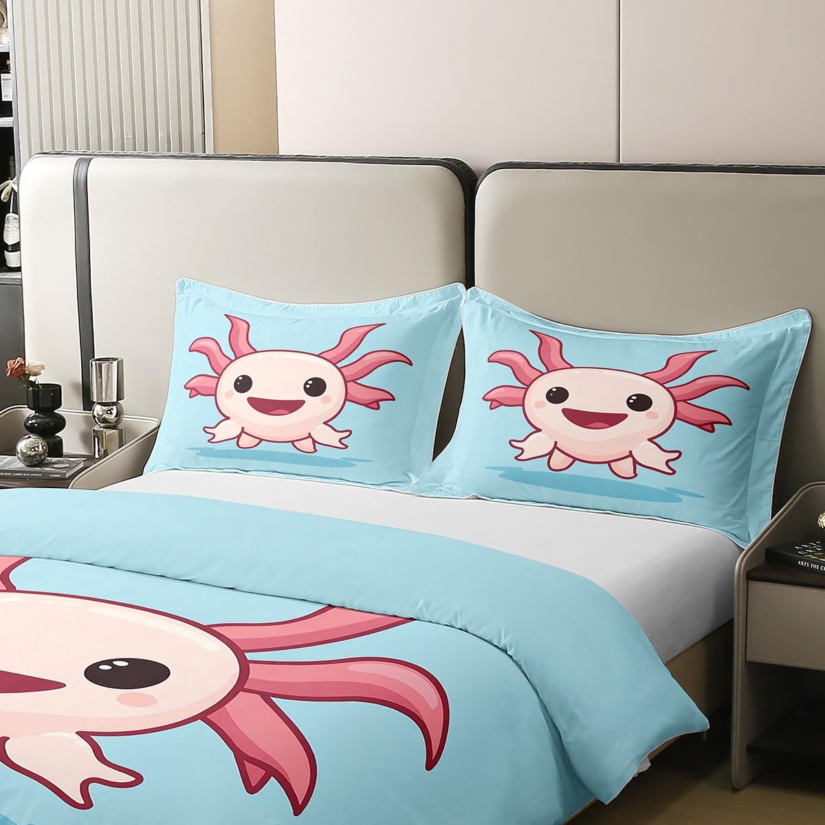 Erosebridal 100% Cotton Axolotl Duvet Cover,Cute Axolotl Bedding Set Queen Size, Kawaii Comforter Cover, Cartoon Axolotls Quilt Cover, Wildlife Animals Bedspread Cover for Kids Boys Girls Teens, Blue