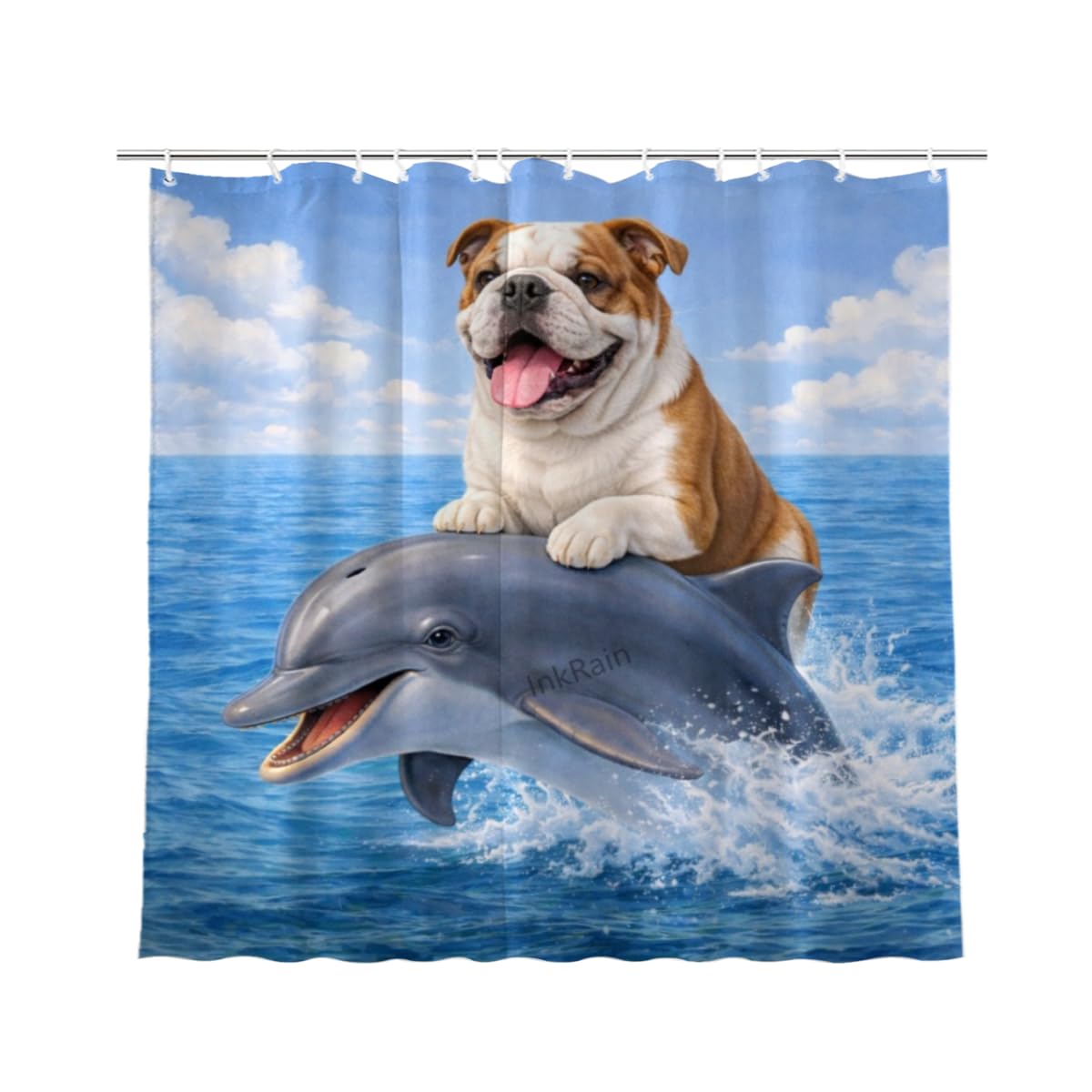 InkRain Ocean Bulldog Shower Curtain with 12 Hooks Cute Puppy Riding Dolphin Bathroom Decor Waterproof Polyester Fabric Coastal Beach Bath Curtain 72x72 Inch