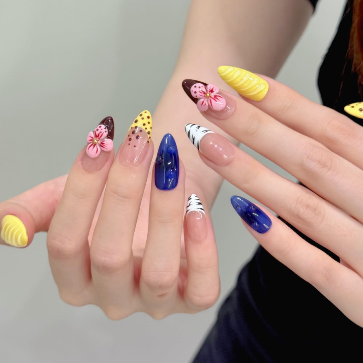 Tesytto 3D Hibiscus Press on Nails - Medium Almond 3D Flower & Water Drop Texture, Blue & Butter Yellow French Tip Nails, Tropical Hawaii Summer Fake Nails (Big Island-A,M)