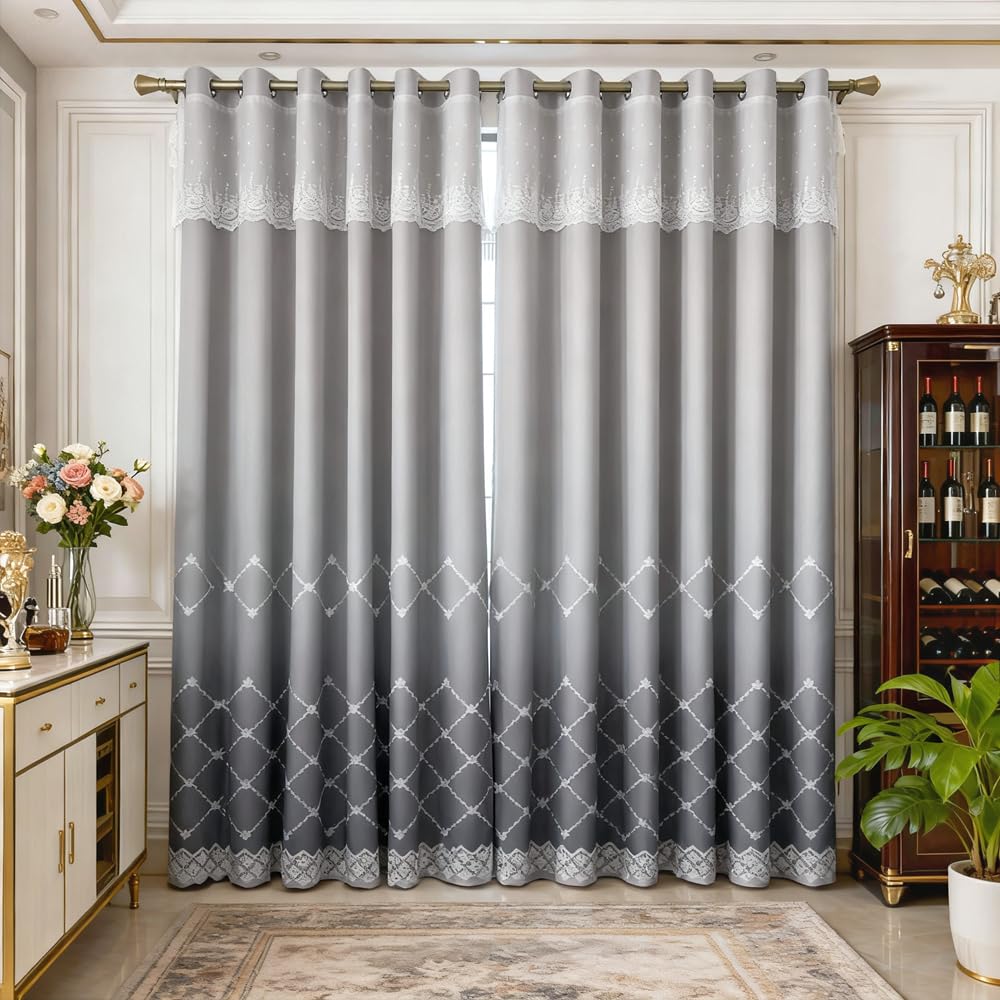 Amidoudou 1 Pair Double Layer Geometric Curtains for Living Room Gradient Diamond Pattern Embroidered Curtains for Bedroom (Grey,54x84 Inch)