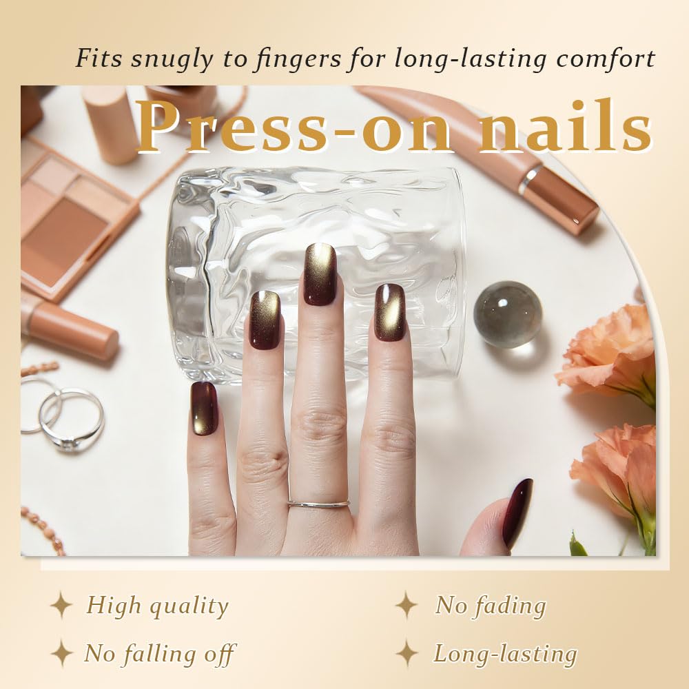 Brown Khaki Reflective Cat Eye Press on Nails Medium Square, Medium Square Press Stick on Nails Chrome for Women, Holographic Glitter Glossy Reusable Gel Acrylic Fake Nail with Designs Cateye Effect