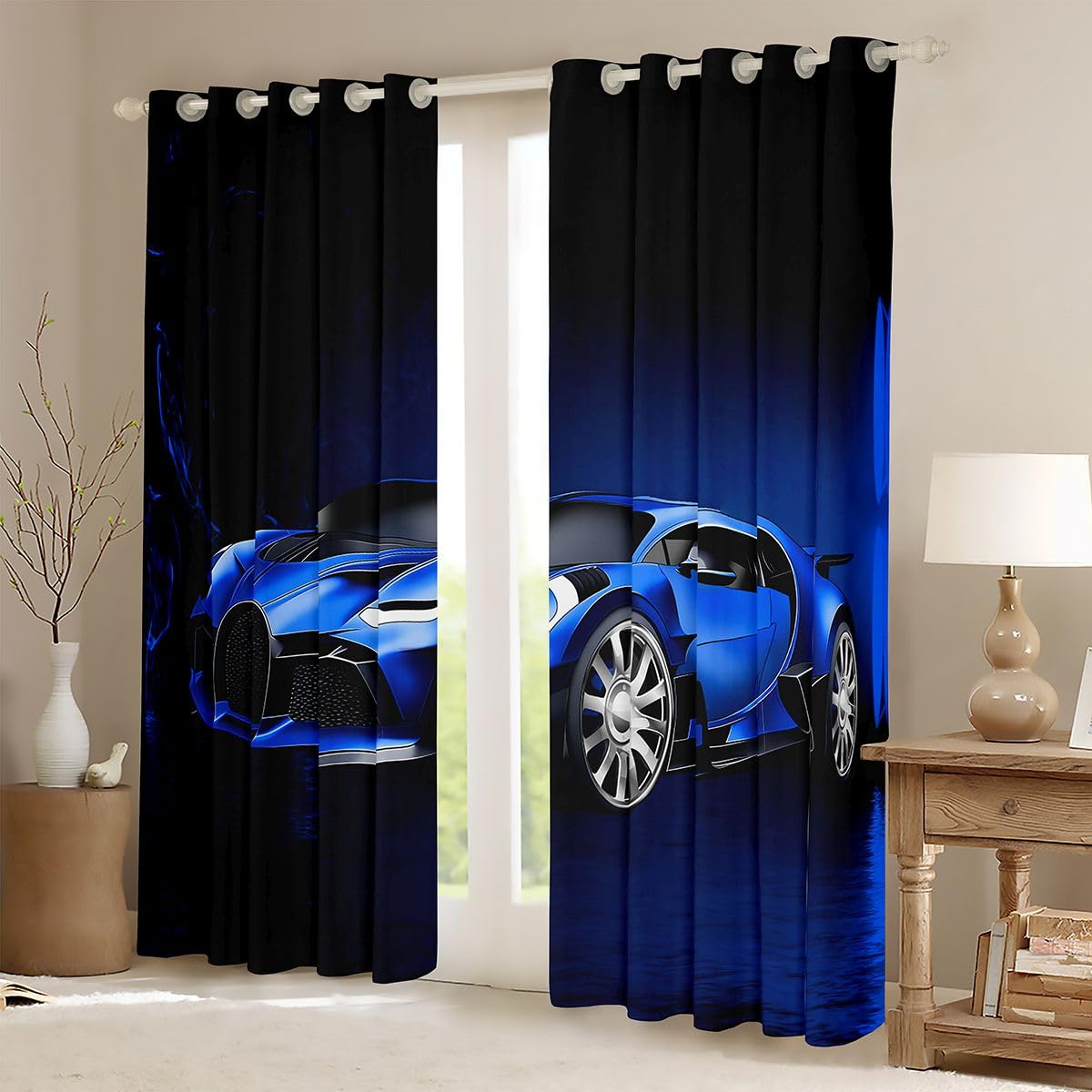 Sports Car Curtains Blue Race Car Window Curtains for Bedroom Living Room Kids Boys Extreme Sports Window Drapesfor Bedroom Living Room Cool Speed Luxury Car Decor Window Treatments 42W X 63L，2 Panels