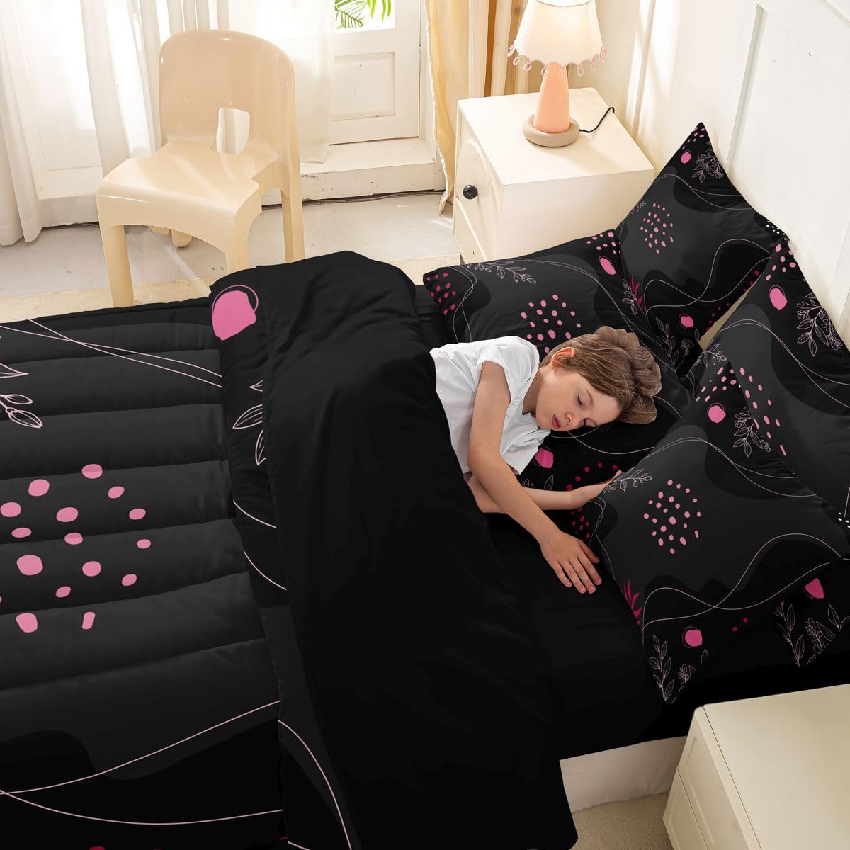 Erosebridal Boho Black Pink Comforter Set 7 Piece Bed in a Bag Twin Mid Century Modern Bedding Sets Geometric Lines Comforter and Sheet Set, Modern Abstract Bed Sets