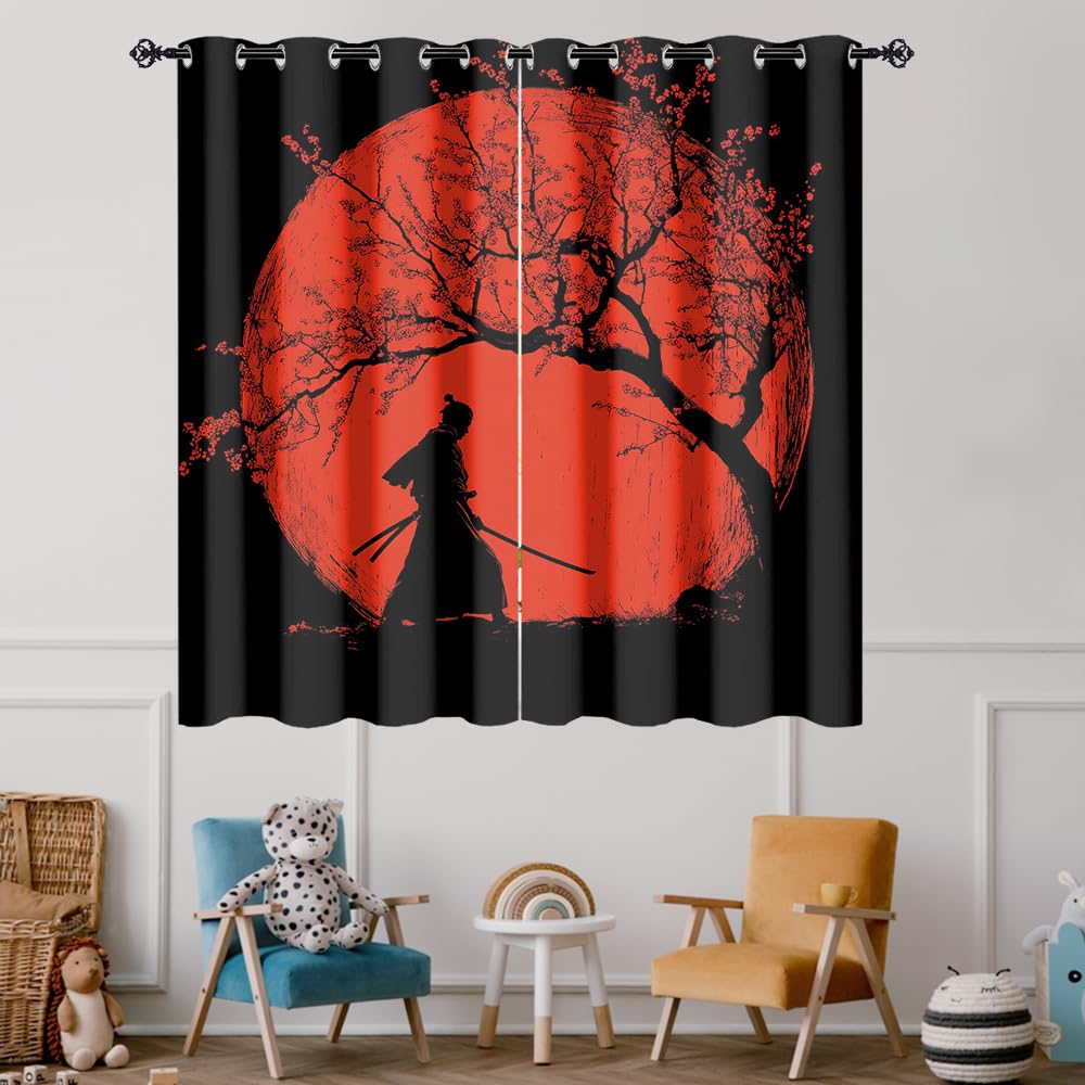 XSUPFLYM Rustic Vintage Japanese Samurai Privacy Blackout for Living Room Curtains Beautiful Abstract Cherry Blossom Tree Red Sun Pattern Curtains Top Grommets Window Treatment 2 Panels 21" W x 45" L