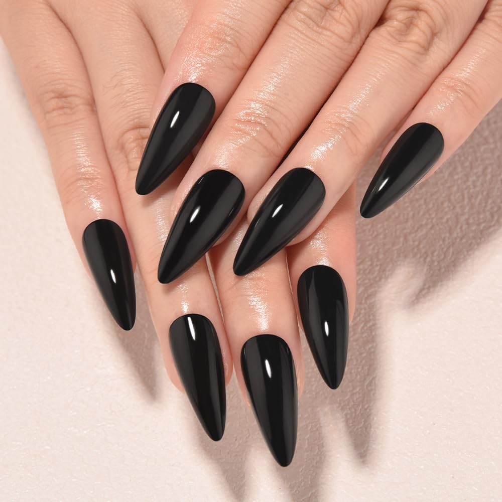 evpct Black Glossy Press on Nails Medium Almond, Glossy Black Fake Nails False Nail Pure Color with Kit, Salon Quality Soft Gel Stick on Acrylic False Soft Nails Reusable Full Cover for Women Manicure