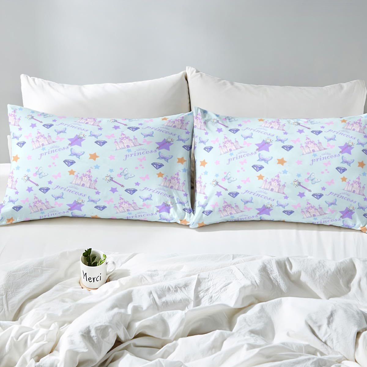 Feelyou Cartoon Castle Fitted Sheet Twin Size for Kids Boys Girls Blue Princess Bed Sheets Set 16" Deep Pocket Soft Breathable Microfiber Cute Butterfly Bedding with 1 Pillowcase Magic Room Decor
