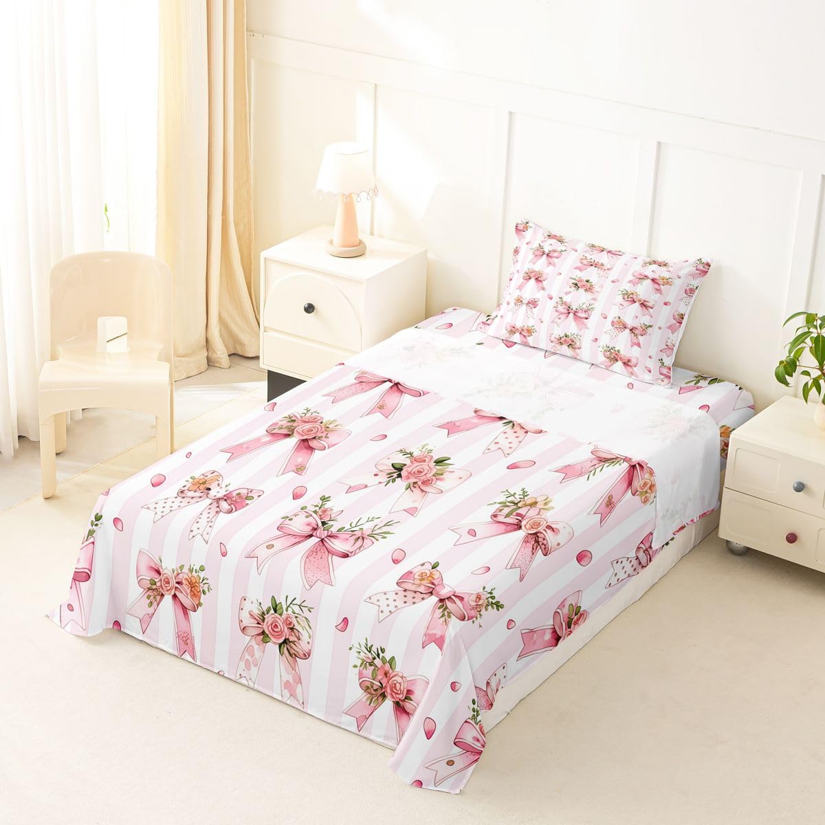 Erosebridal Kawaii Cute Bow Sheet Set Cartoon Bowknot Flowers Boho Twin Sheets Set for Young Boys,Pink White Geometric Stripes Bohemian Floral Bow Tie Fitted Sheet