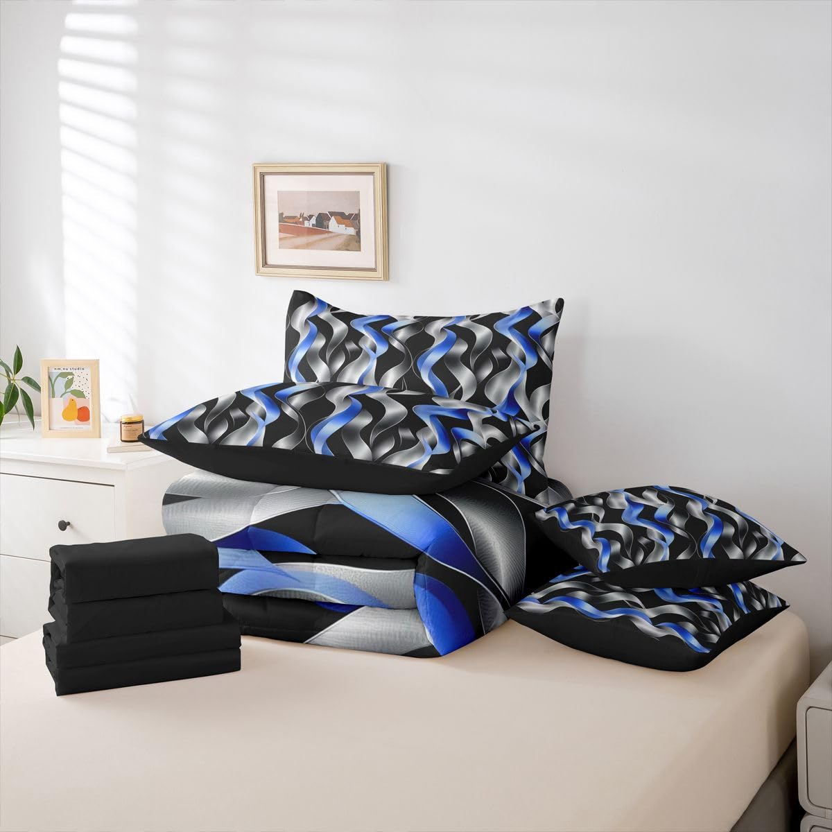 jejeloiu Modern Striped Full Comforter Set with Sheets for Kids Boys Girls Modern Abstract Geometric 7 Pieces Bedding Set Geometric Spiral Pattern Bed in a Bag Room Decor Microfiber