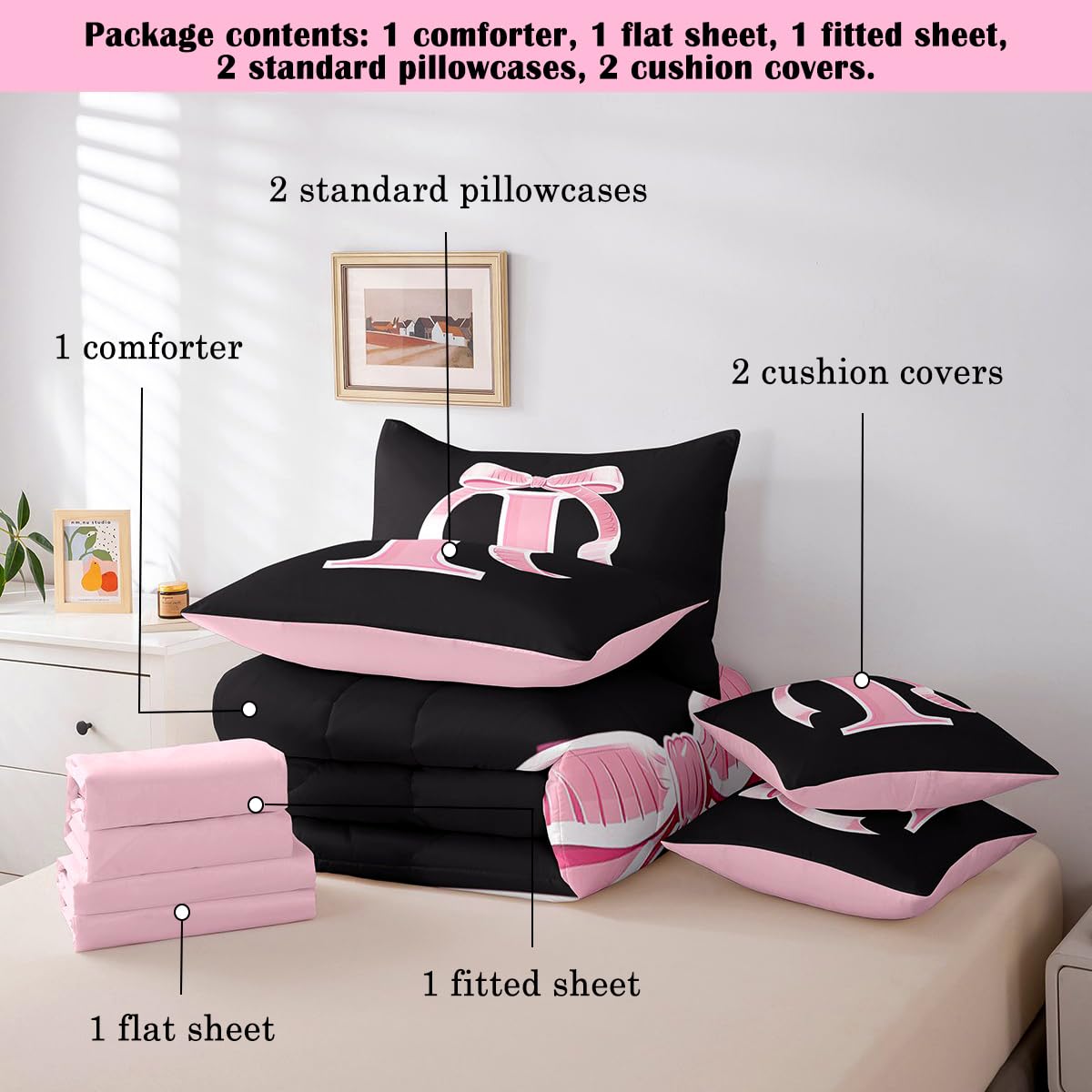 jejeloiu Kids Girls Black Pink Bow Comforter Set with Sheets Twin Size Monogrammed 7 Piece Bedding Set Personalized Initial I Bed in a Bag with Comforter,Sheets,Pillowcases Modern Fashion Bed Set