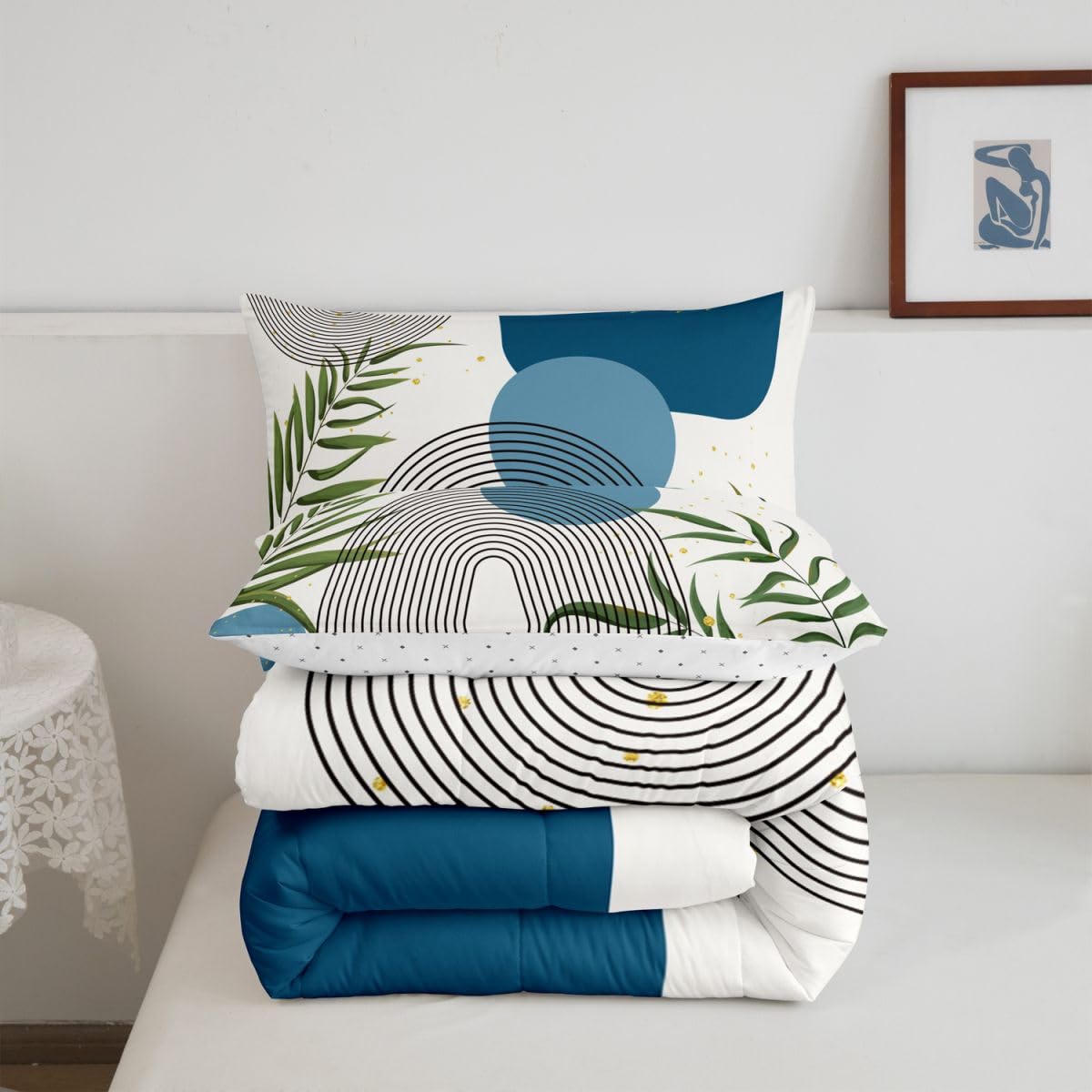 Erosebridal Boho Mid Century Twin Comforter Set, Green Sage Bedding Set for Kids Teens Men Women Bedroom, Modern Bohemian Minimalist Comforter, Contemporary Abstract Geometric Aesthetic Quilt