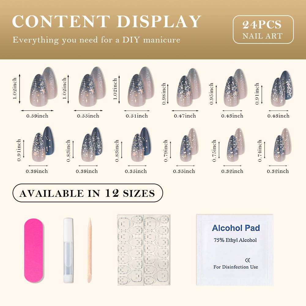 evpct Ombre Blue Press on Nails Medium Almond, Blue Fake Nails with 3D Stars Design, Reusable Perfect Fit Press ons Short False Nail for Women Manicure, Ombre Fake Nail Kit with Kits Gel Stick, 24Pcs