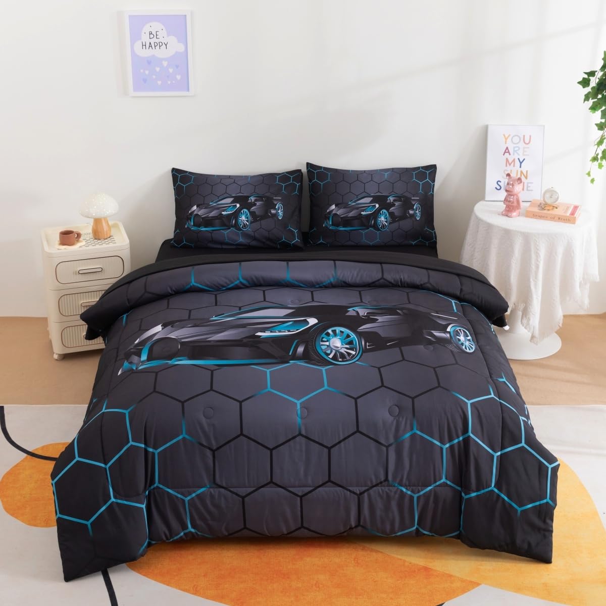 Podol 5 Pieces Race Car Comforter Set Twin Size Blue Sports Car Bedding Sets for Boy 3D Geometric Bed in a Bag with 1 Comforter, 2 Pillowcases, 1 Flat Sheet and 1 Fitted Sheet