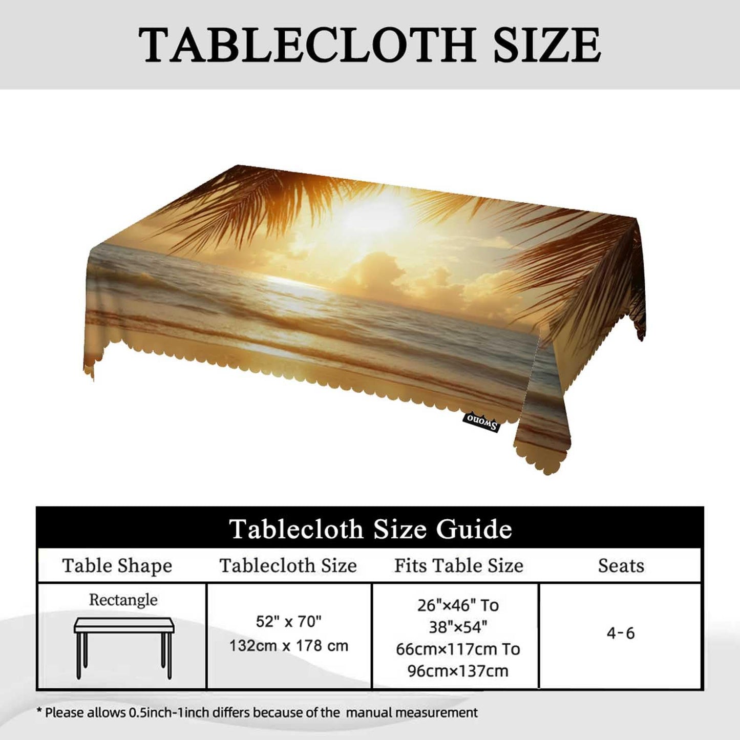 Swono Beach Palm Tree Table Cover Sunset Ocean Sea Waves Coast Palm Leaf 50x72 Inch Table Cloth for Rectangle Tables Buffet Parties Coffee BBQ and Dinning Tablecloth