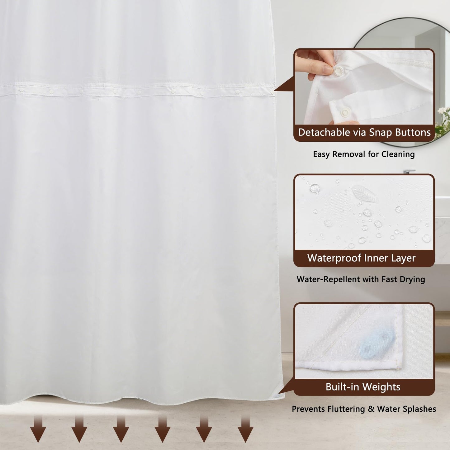 NAEMBCU No Hook Shower Curtain with Snap-in Liner 71x74 Inch