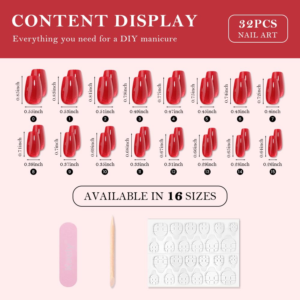 evpct Red Cat Eye Press on Nails Square Medium Coffin No Glue, Medium Square Stick on Nails for Women, Red Metallic Glitter Glossy Reusable Spring Summer Soft Press on Acrylic Fake Nail with Designs
