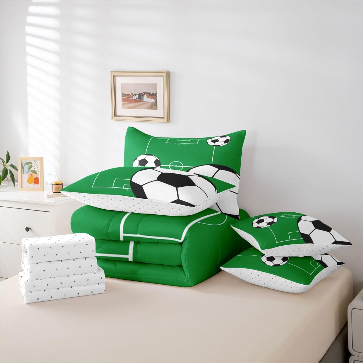 Erosebridal Football 7 Piece Bedding Set Full Boys Sports Theme Comforter Set with Sheets Soccer Ball Pattern Playground Bed in a Bag Football Court Green White for Kids Boys Girls