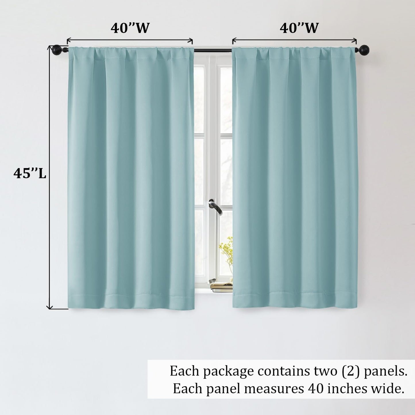 OWENIE Sally Aqua Short Blackout Curtains for Bedroom Living Room 45 Inch Length 2 Panels Set, Solid Energy Saving Insulated Bathroom Window Treatment Curtains Blackout Drapes, 2 Pcs W40 x L45