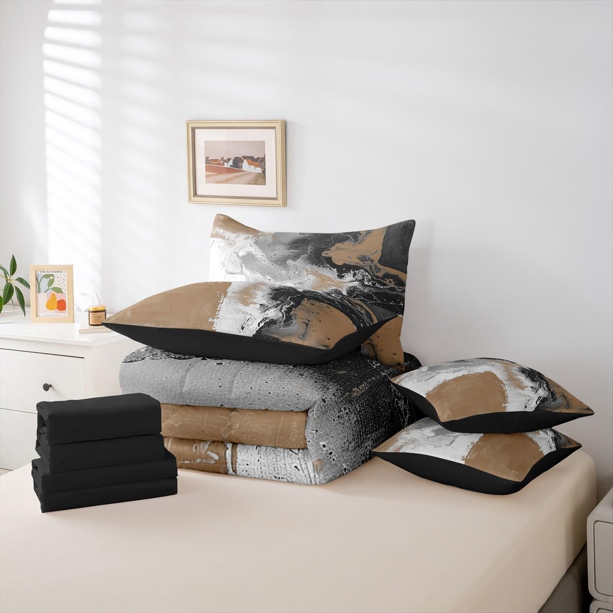 Feelyou Abstract Comforter Set with Sheets 7 Piece King Size Modern Abstract Art Bed in a Bag Kids Boys Girls Luxury Bedding Set Geometric Bedroom Decor Balck and Brown Soft Lightweight Microfiber