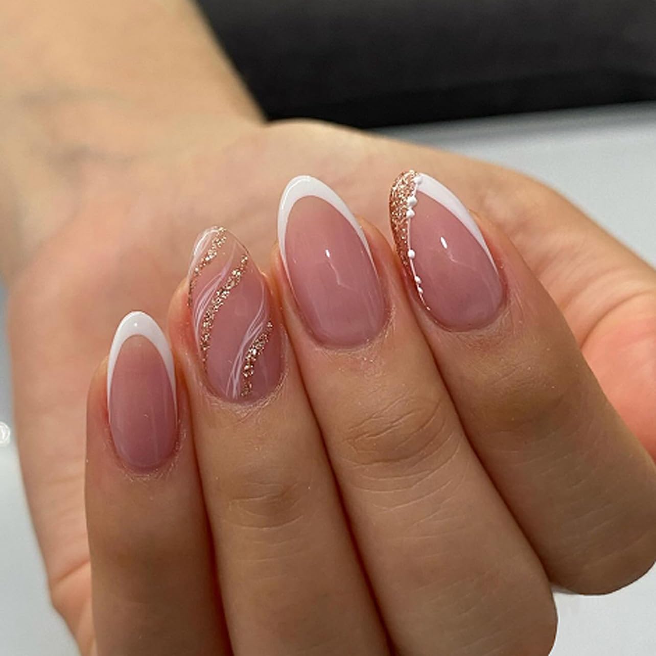 Stbisen French Press On Nails Almond Medium, Nude Fake Nails with White French Tip and Minimalist Gold Line Design, 32Pcs Glossy Acrylic Nails, Natural Reusable Glue On Nails for Women, Luxe Line