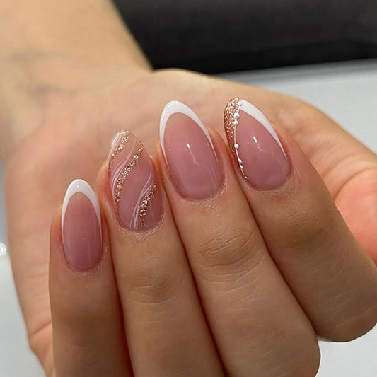 Stbisen French Press On Nails Almond Medium, Nude Fake Nails with White French Tip and Minimalist Gold Line Design, 32Pcs Glossy Acrylic Nails, Natural Reusable Glue On Nails for Women, Luxe Line