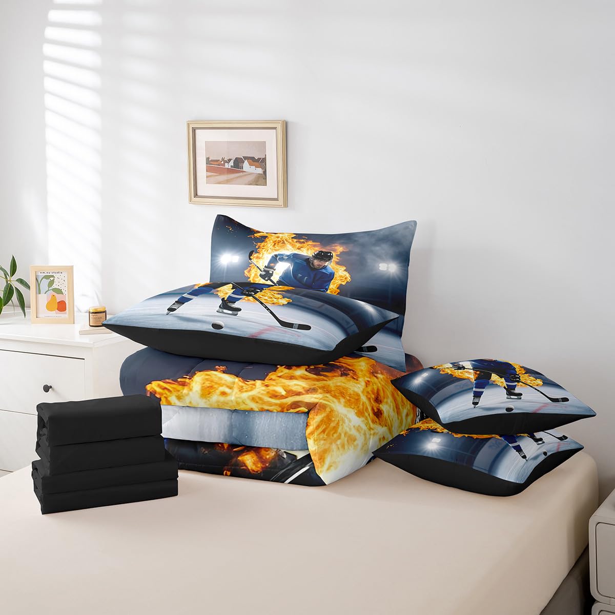 Erosebridal Teens Ice Hockey Bed in A Bag 7 Piece Puck Comforter Set Twin Size Sports Games Bedding Sets for Kids Teens Boys Girls Winter Match Grunge Sheet Set