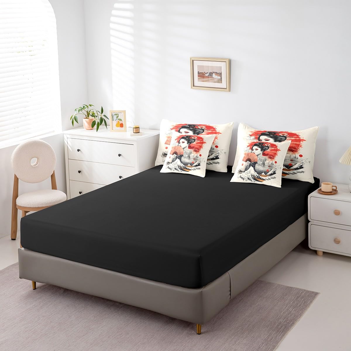Erosebridal Geisha Female Bedding Set 7Pcs,Japanese Sea Wave Comforter Set Twin for Kids Teens Adults,Traditional Aesthetic Bed in a Bag