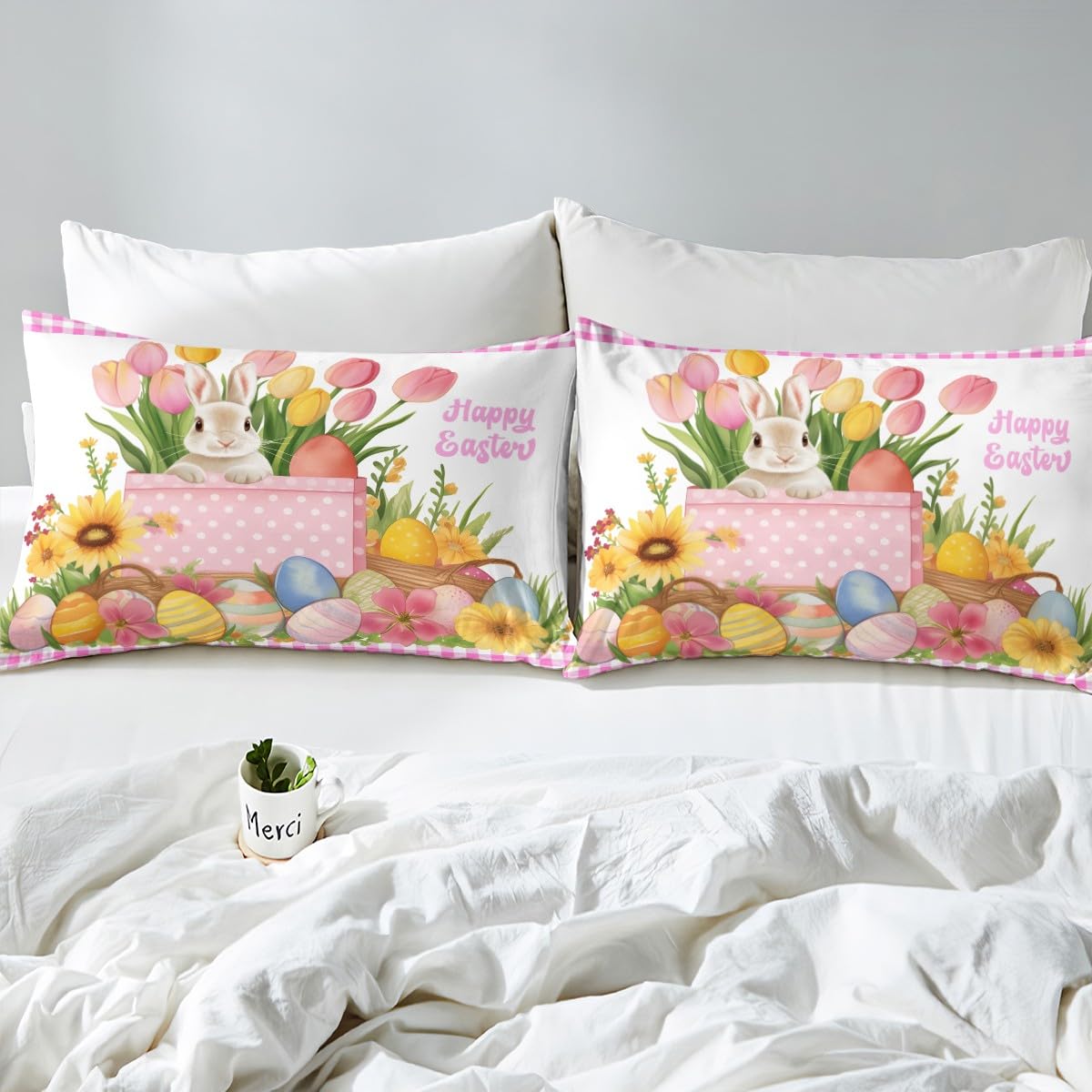 Erosebridal Easter Decorations,Rabbit Comforter Cover Happy Easter Themed Easter Egg Duvet Cover,Pink Yellow Tulip Flowers Checkered Grid Bedding Set Queen,Easter Gifts for Toddlers Kawaii Room Decor