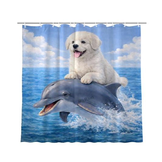InkRain Ocean Great Pyrenees Shower Curtain with 12 Hooks Cute Puppy Riding Dolphin Bathroom Decor Waterproof Polyester Fabric Coastal Beach Bath Curtain 72x80 Inch