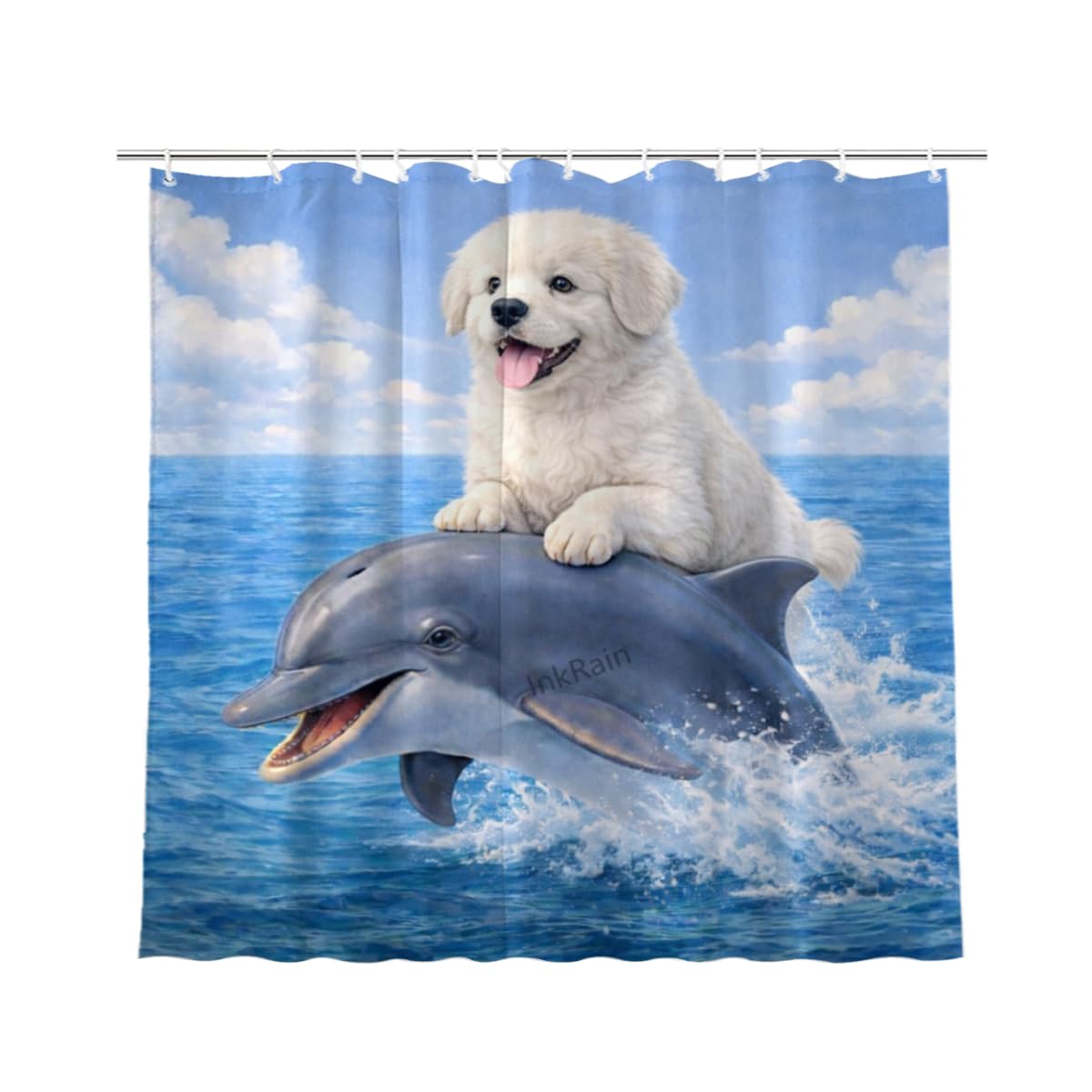 InkRain Ocean Great Pyrenees Shower Curtain with 12 Hooks Cute Puppy Riding Dolphin Bathroom Decor Waterproof Polyester Fabric Coastal Beach Bath Curtain 72x72 Inch