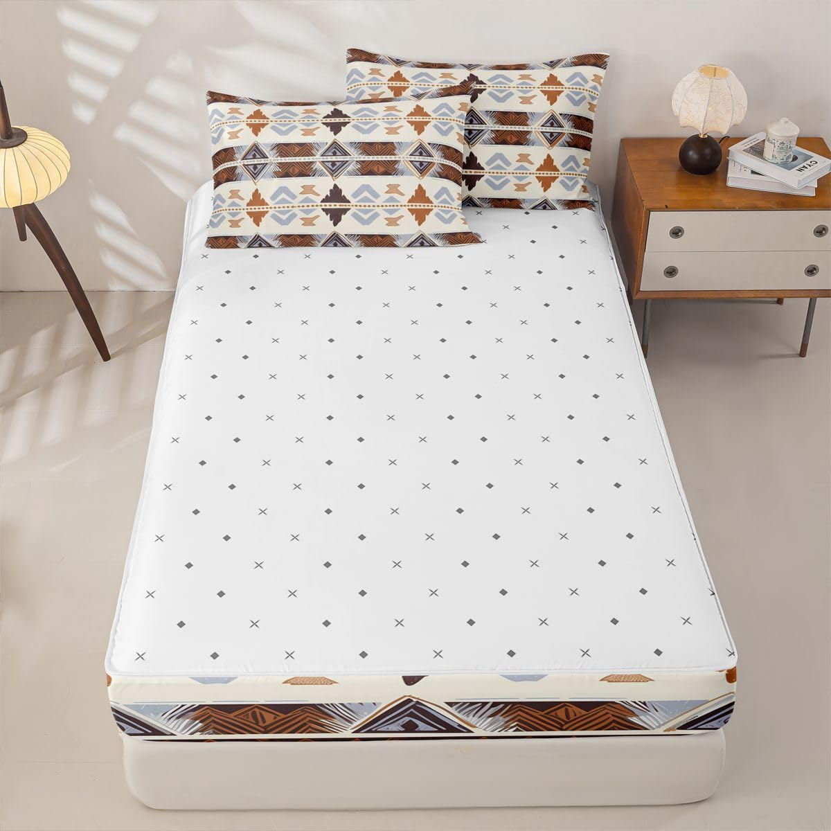 Boho Western Zipper Bedding Set Queen Zip Up Bedding Geometric Aztec Comforter Set with Sheets for Boys Girls,Ethnic Tribal Arrow Diamond Bed in a Bag Navajo Style Southwestern Decor Bed Sets