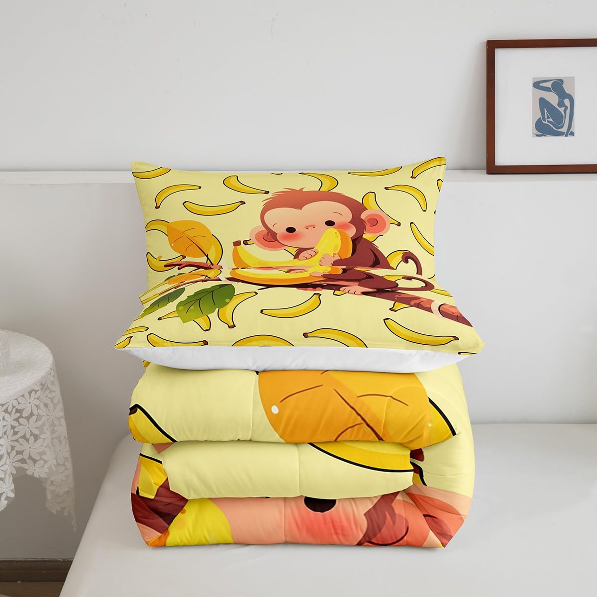 Feelyou Kids Monkey Comforter Cute Cartoon Zoo Animal Comforter Set Lovely Little Monkey Bedding Set for Boys Girls Children Bedroom Decor Nature Banana Duvet Set King Size with 2 Pillow Case