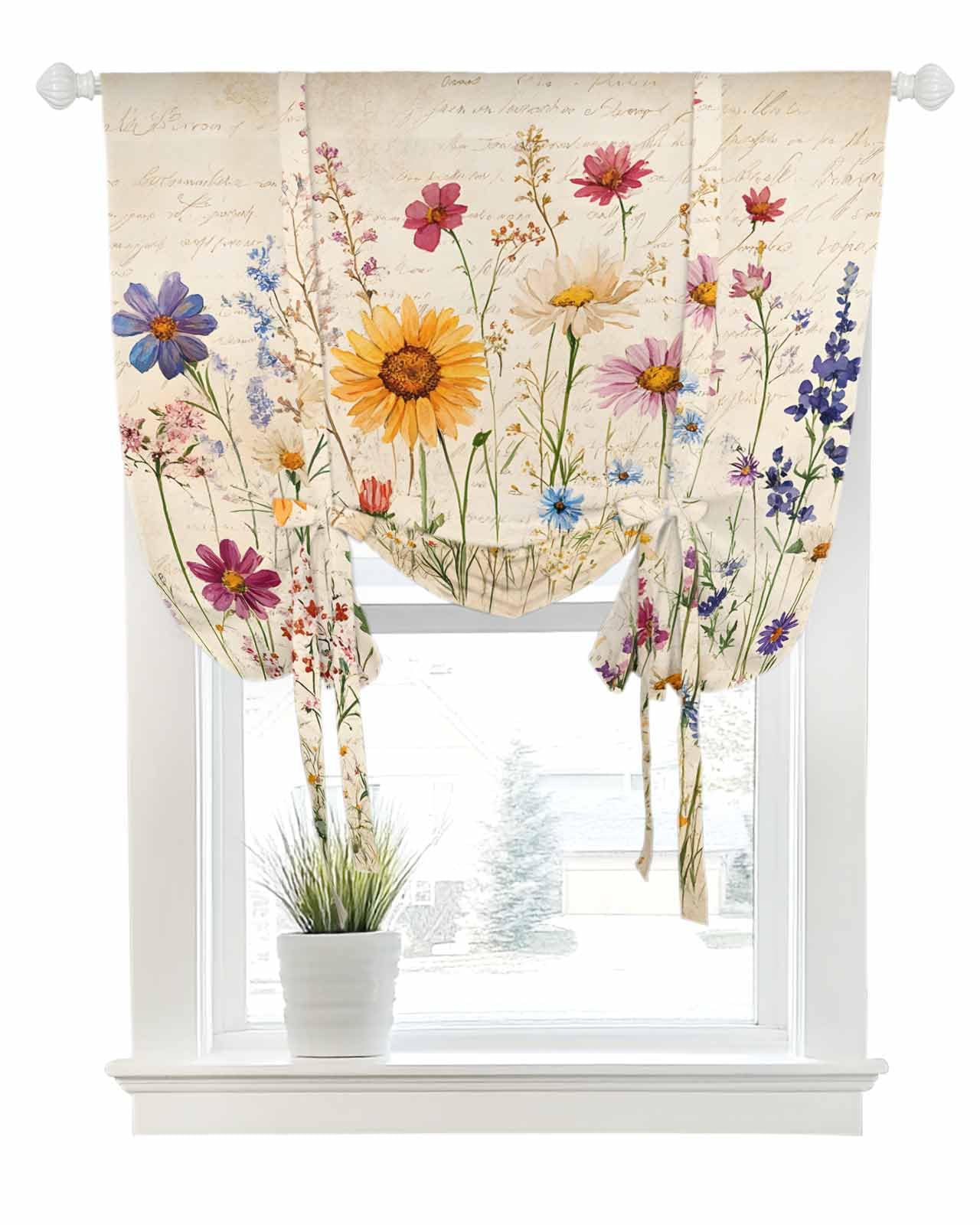 Botanical Floral Tie Up Curtains for Small Windows, Adjustable Rod Pocket Purple Pink Yellow Wildflowers Valance 45 Inch Short for Bathroom Kitchen, Retro Spring Balloon Roman Blind Shade, 34" x 45"