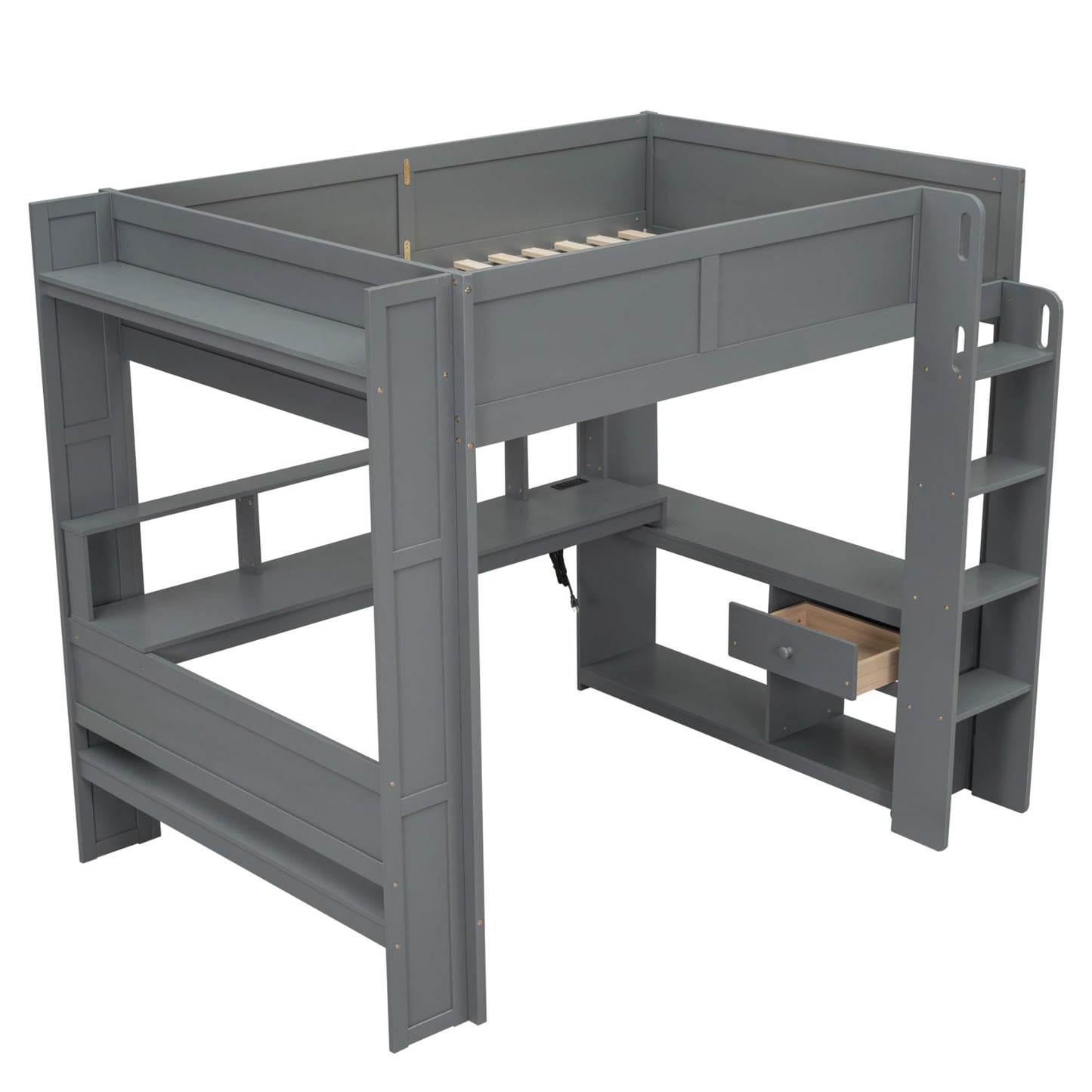 HRJHLucky Full Size Wood Gaming Loft Bed with Desk, Storage Shelves, LED and Charging Station (Full)