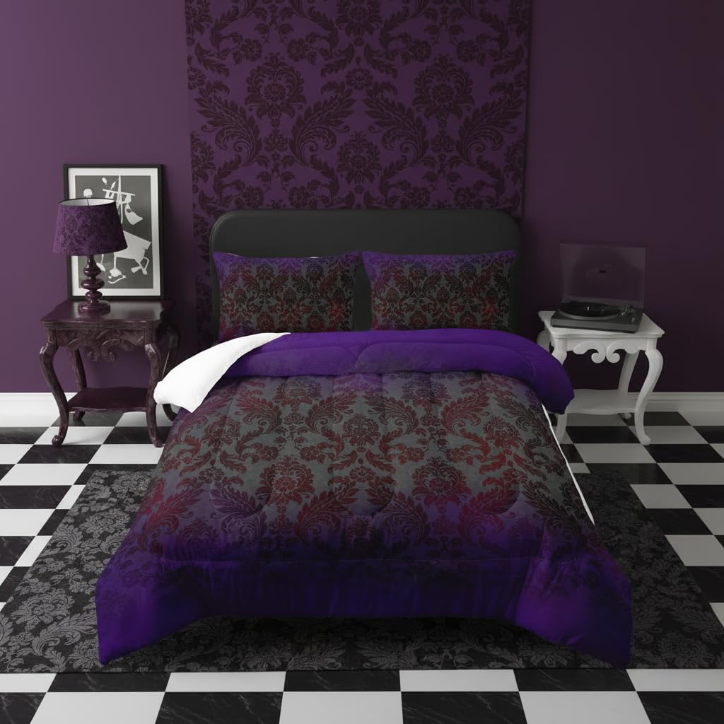 lneffble Black Purple Paisley Floral Victorian Gothic Comforter Set Full，Gothic Bedding Set Full Purple，with 1 Comforter with 2 Pillow Case，Halloween Room Decor for Bedroom