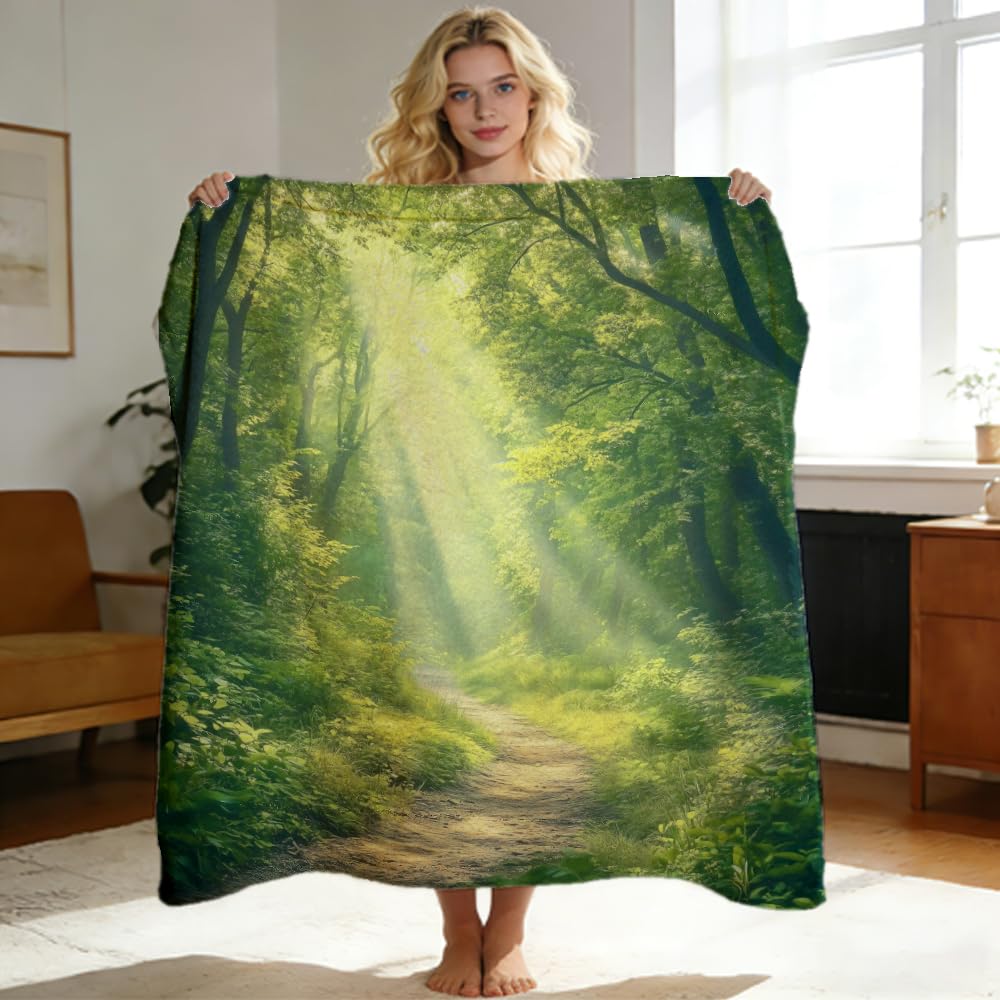 ZHOUSHUTONG Summer Forest Landscape Flannel Throw Blanket, Soft Cozy Green Nature Landscape Print Plush Blankets for Couch Bed Sofa, Gift for Nature Lovers 49"x59"