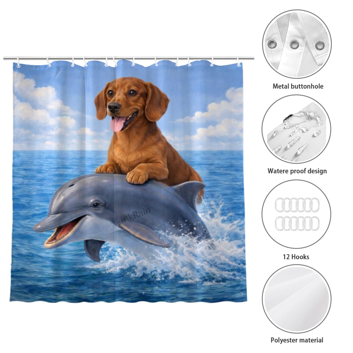 InkRain Ocean Dachshund Shower Curtain with 12 Hooks Cute Puppy Riding Dolphin Bathroom Decor Waterproof Polyester Fabric Coastal Beach Bath Curtain 72x72 Inch